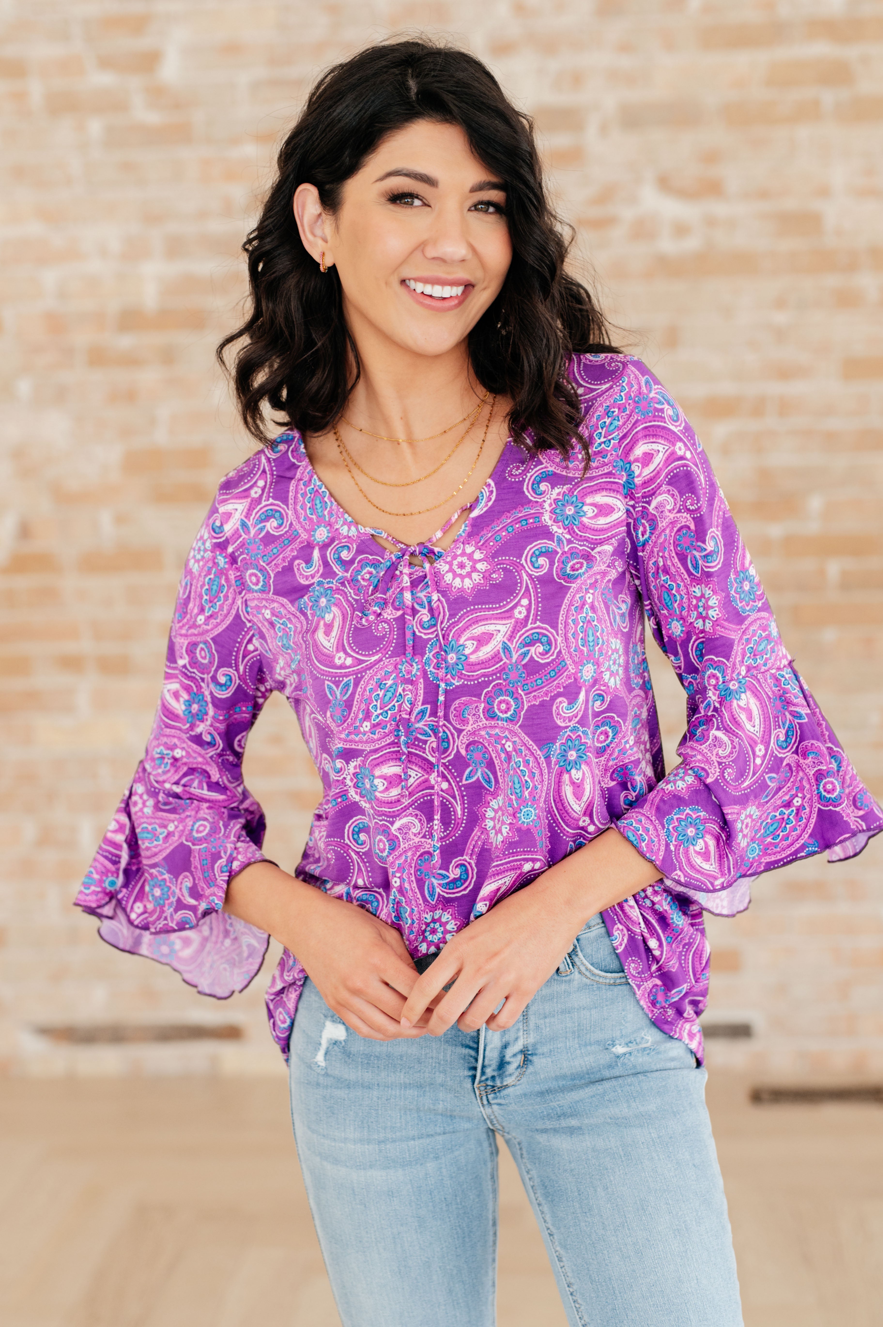 Willow Bell Sleeve Top in Lavender Paisley Tops Ave Shops   