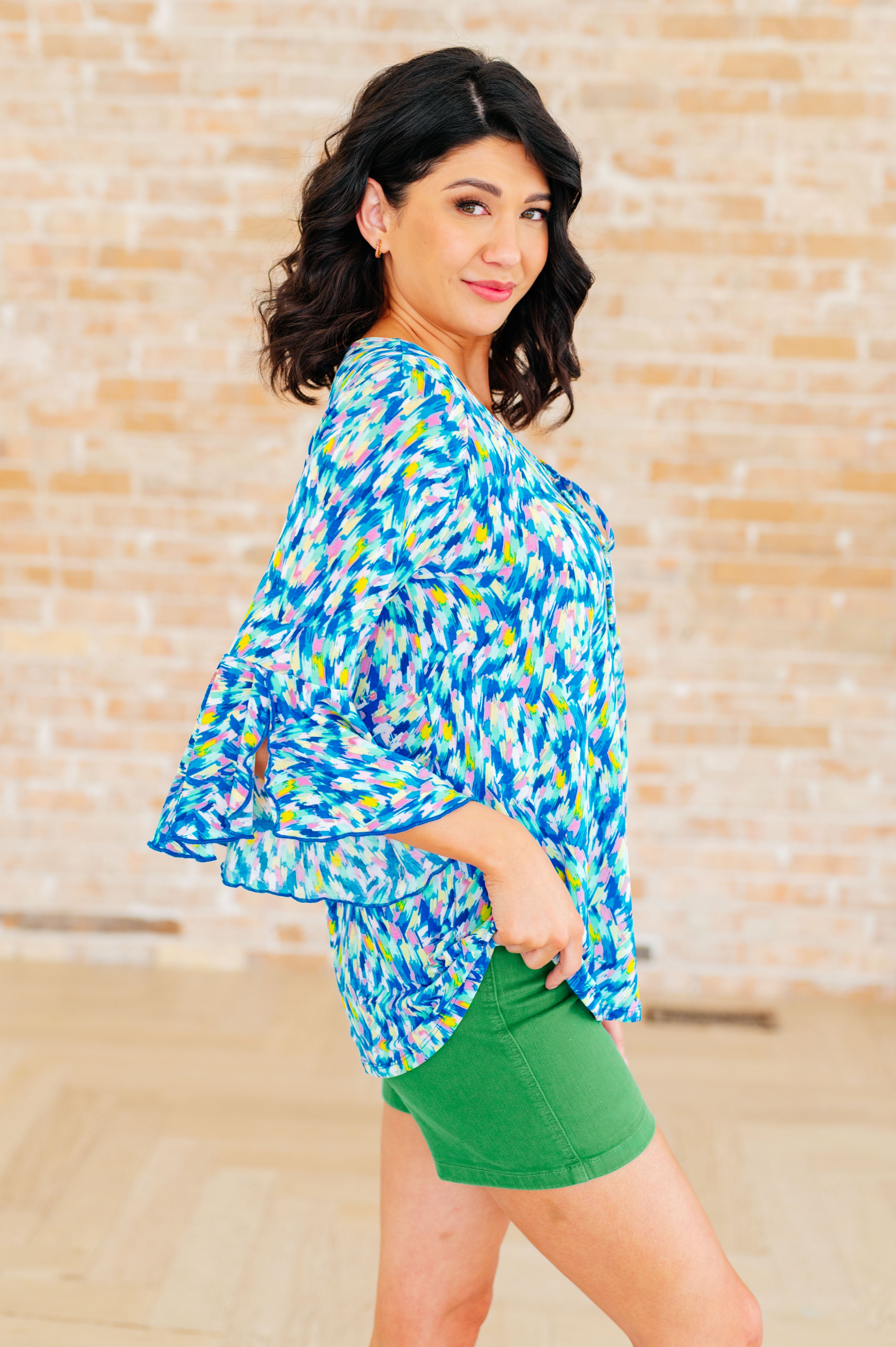 Willow Bell Sleeve Top in Royal Brushed Multi Tops Ave Shops   