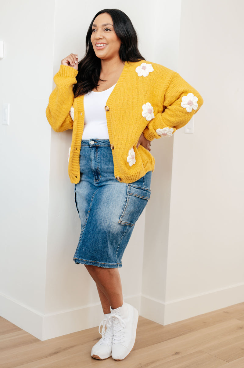 Denim skirt 2024 yellow cardigan