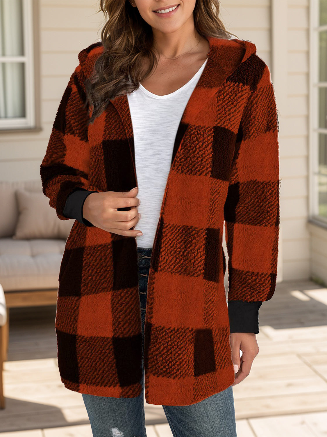 Plaid Long Sleeve Hooded Coat