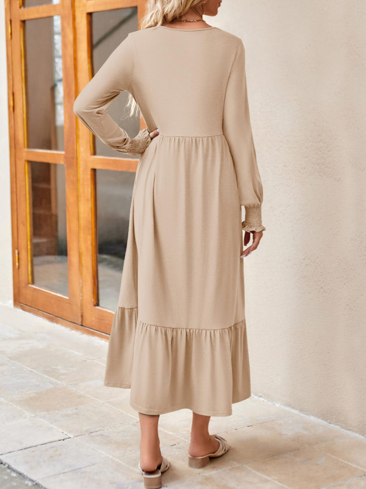 Round Neck Lantern Sleeve Ruffle Hem Dress Dress Trendsi   