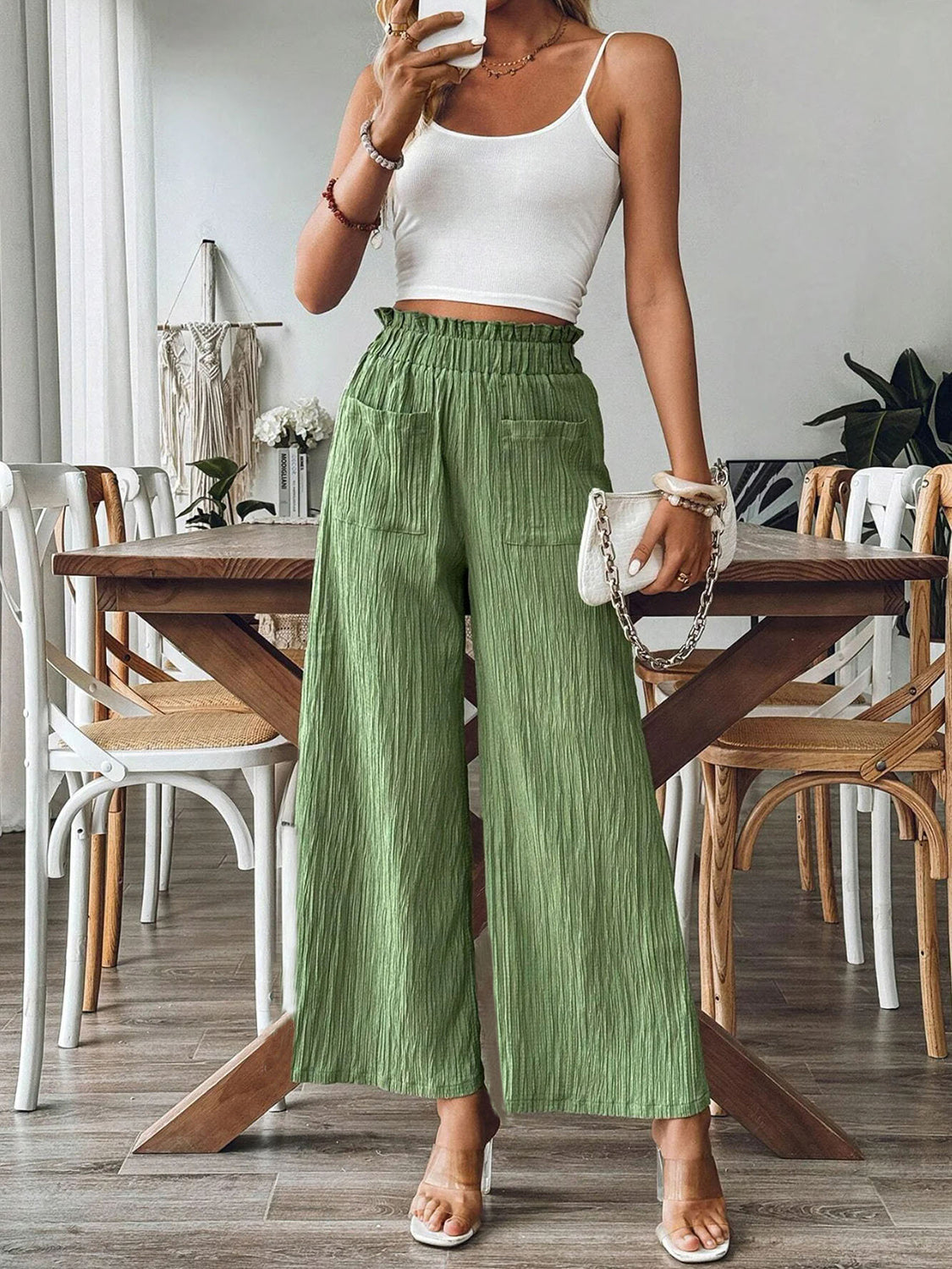 Pocketed Elastic Waist Wide Leg Pants