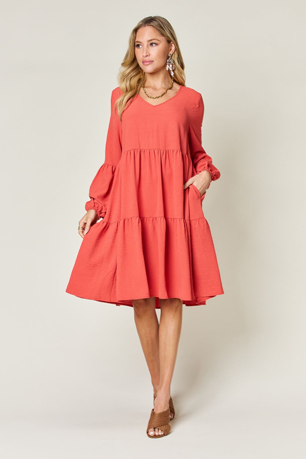 Double Take Full Size V-Neck Balloon Sleeve Tiered Dress Dresses Trendsi   