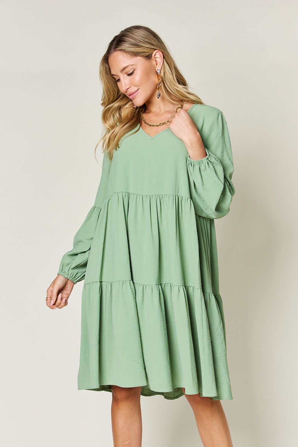 Double Take Full Size V-Neck Balloon Sleeve Tiered Dress Dresses Trendsi Gum Leaf S 