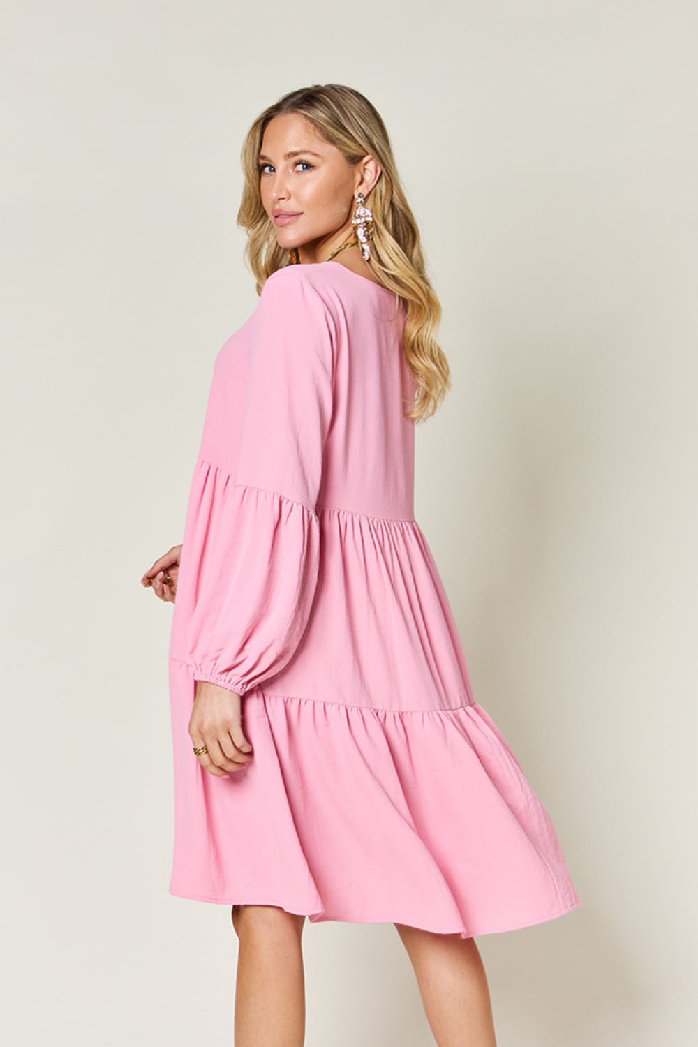 Double Take Full Size V-Neck Balloon Sleeve Tiered Dress Dresses Trendsi   