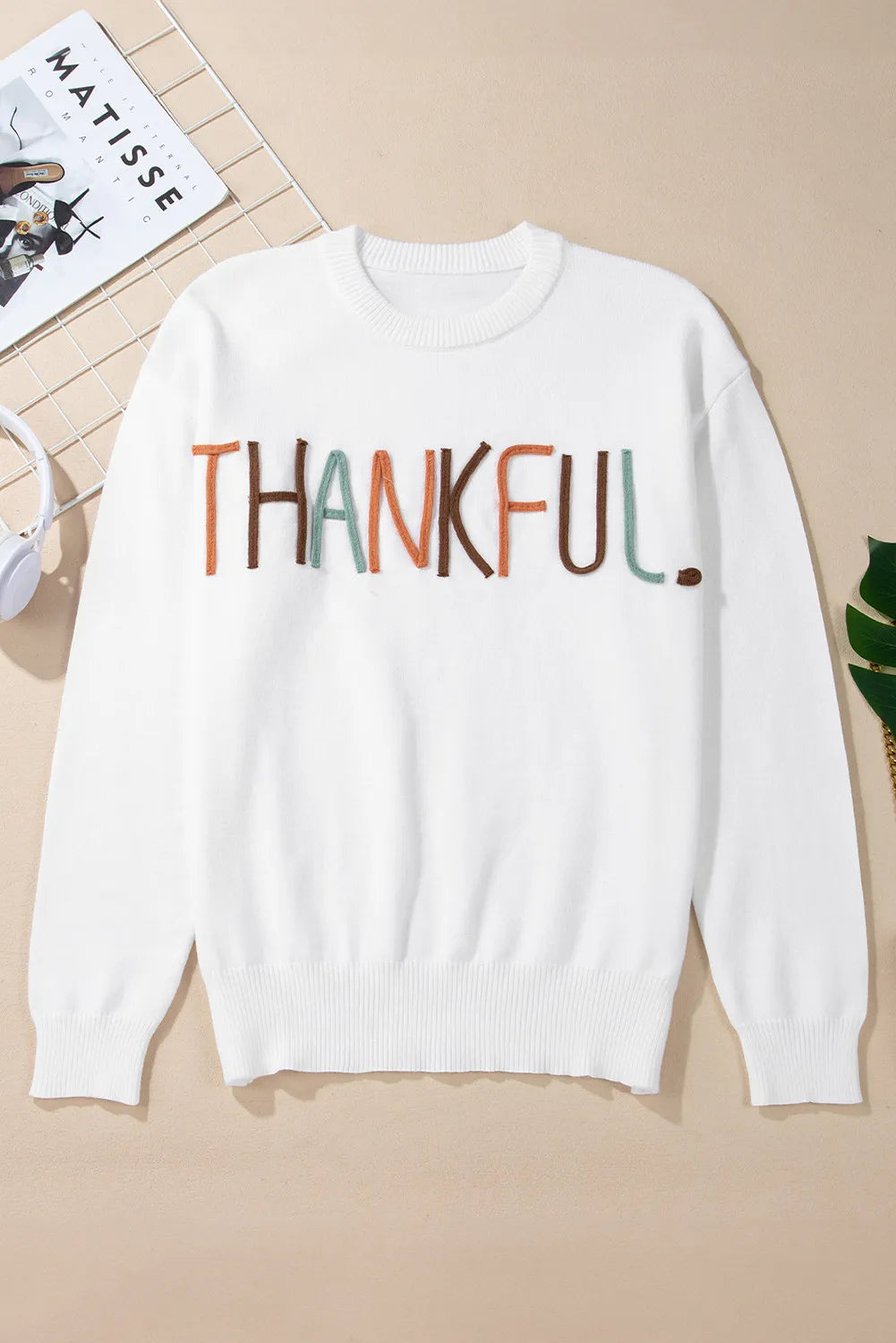 THANKFUL Round Neck Long Sleeve Knit Top