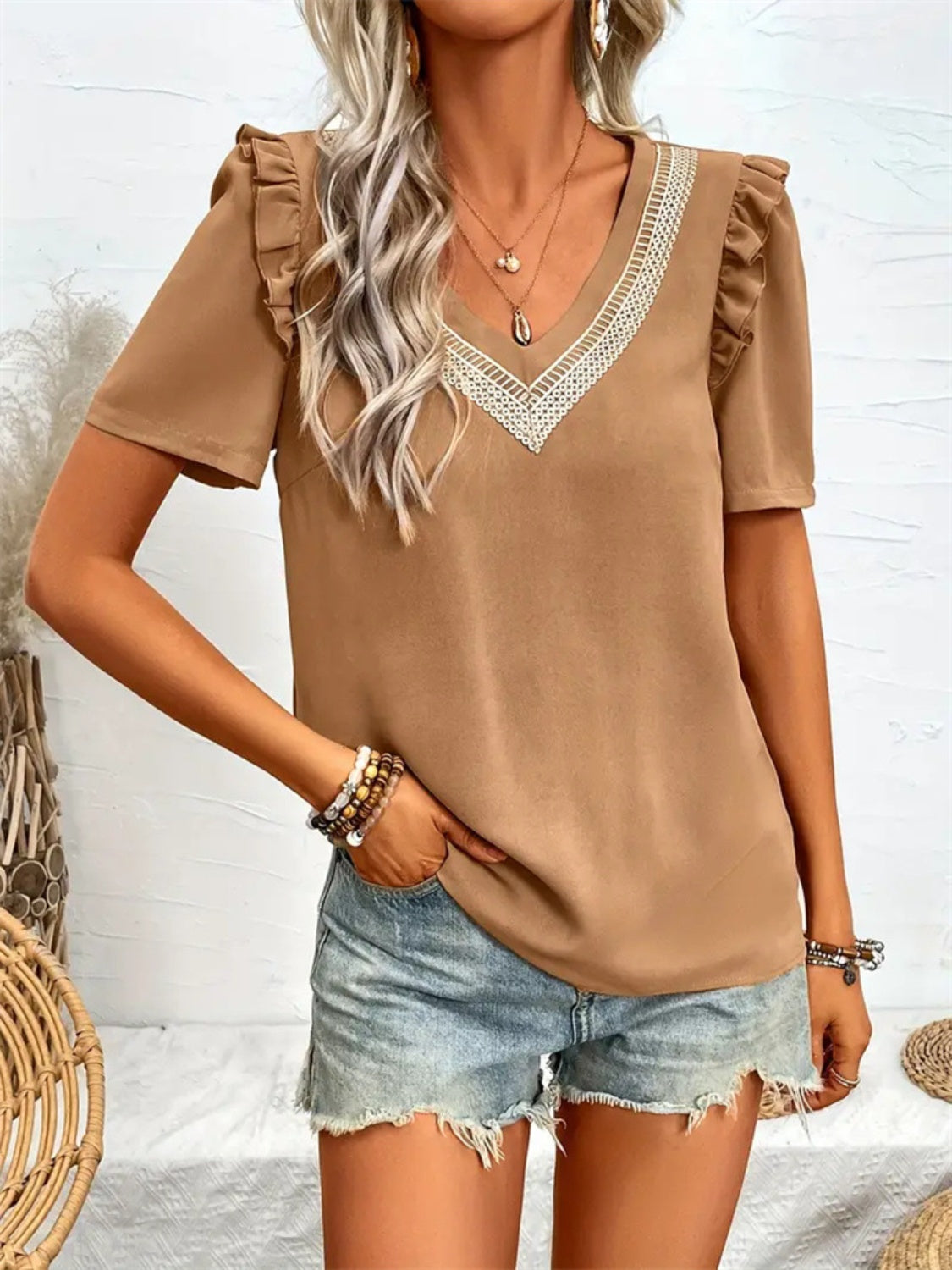 Ruffled V-Neck Short Sleeve Blouse