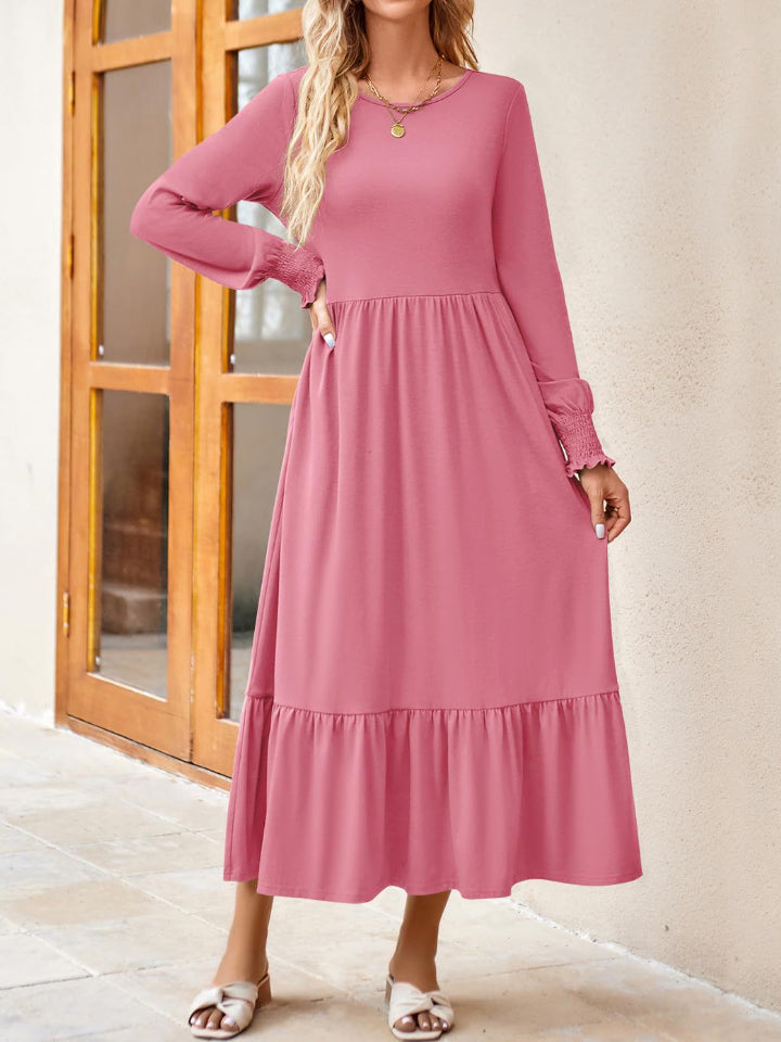 Round Neck Lantern Sleeve Ruffle Hem Dress Dress Trendsi Hot Pink S 