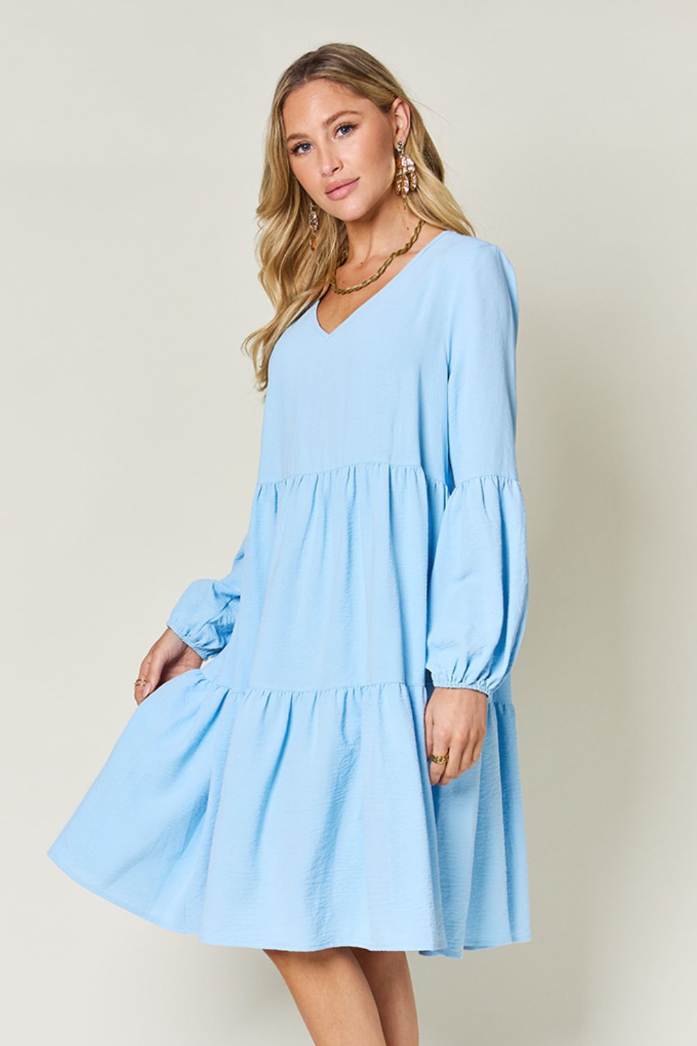 Double Take Full Size V-Neck Balloon Sleeve Tiered Dress Dresses Trendsi   