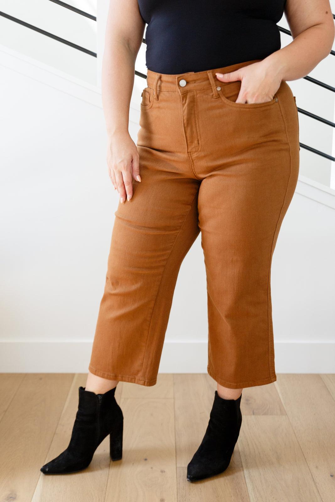 Briar High Rise Control Top Wide Leg Crop Jeans in Camel - Judy Blue Womens Ave Shops   