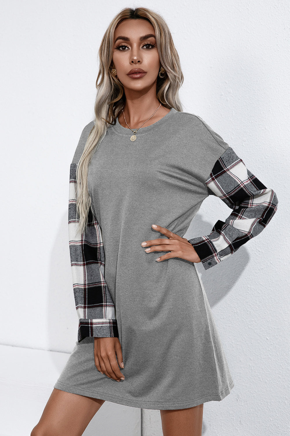 Ivy Lane Plaid Sleeve Contrast T-Shirt Dress