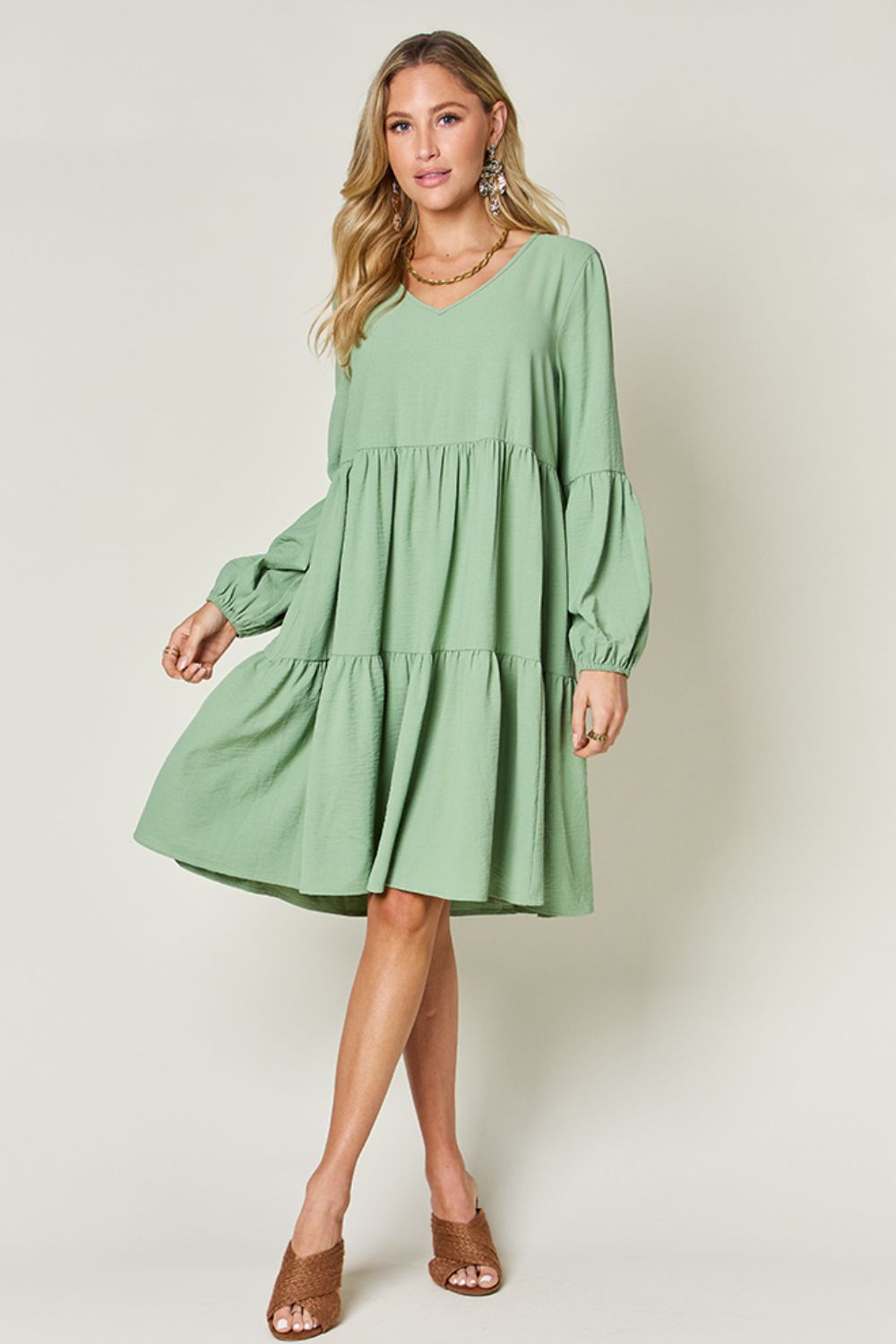 Double Take Full Size V-Neck Balloon Sleeve Tiered Dress Dresses Trendsi   