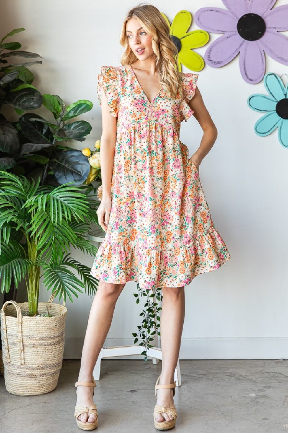 Heimish Full Size Floral Ruffled V-Neck Dress Dress Trendsi   