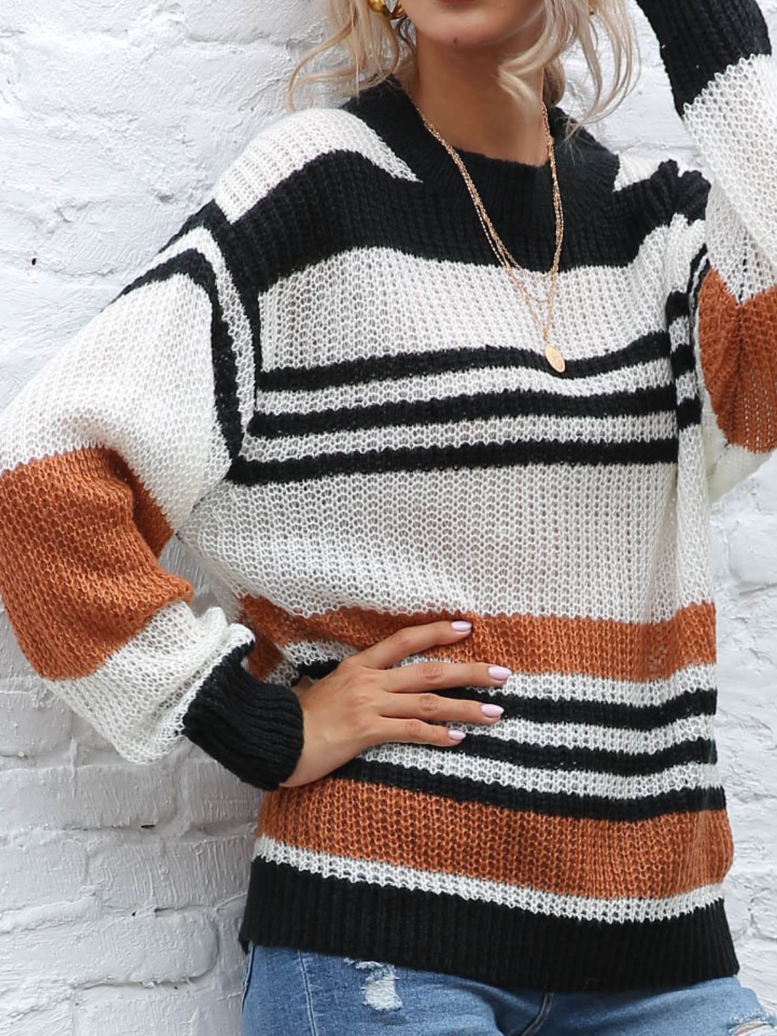 Contrast Striped Round Neck Long Sleeve Sweater