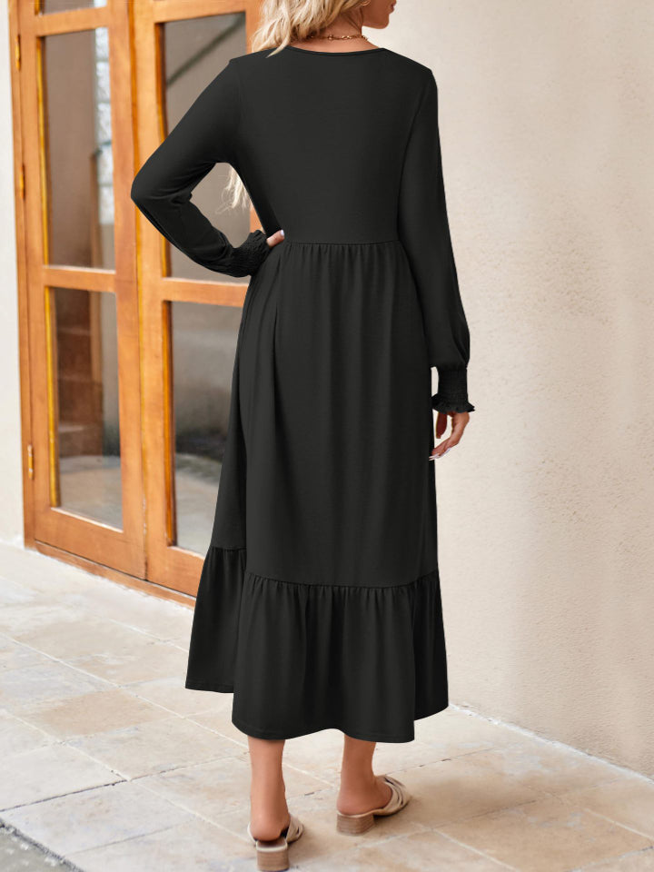 Round Neck Lantern Sleeve Ruffle Hem Dress Dress Trendsi   