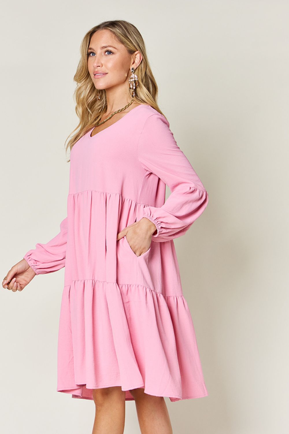 Double Take Full Size V-Neck Balloon Sleeve Tiered Dress Dresses Trendsi   