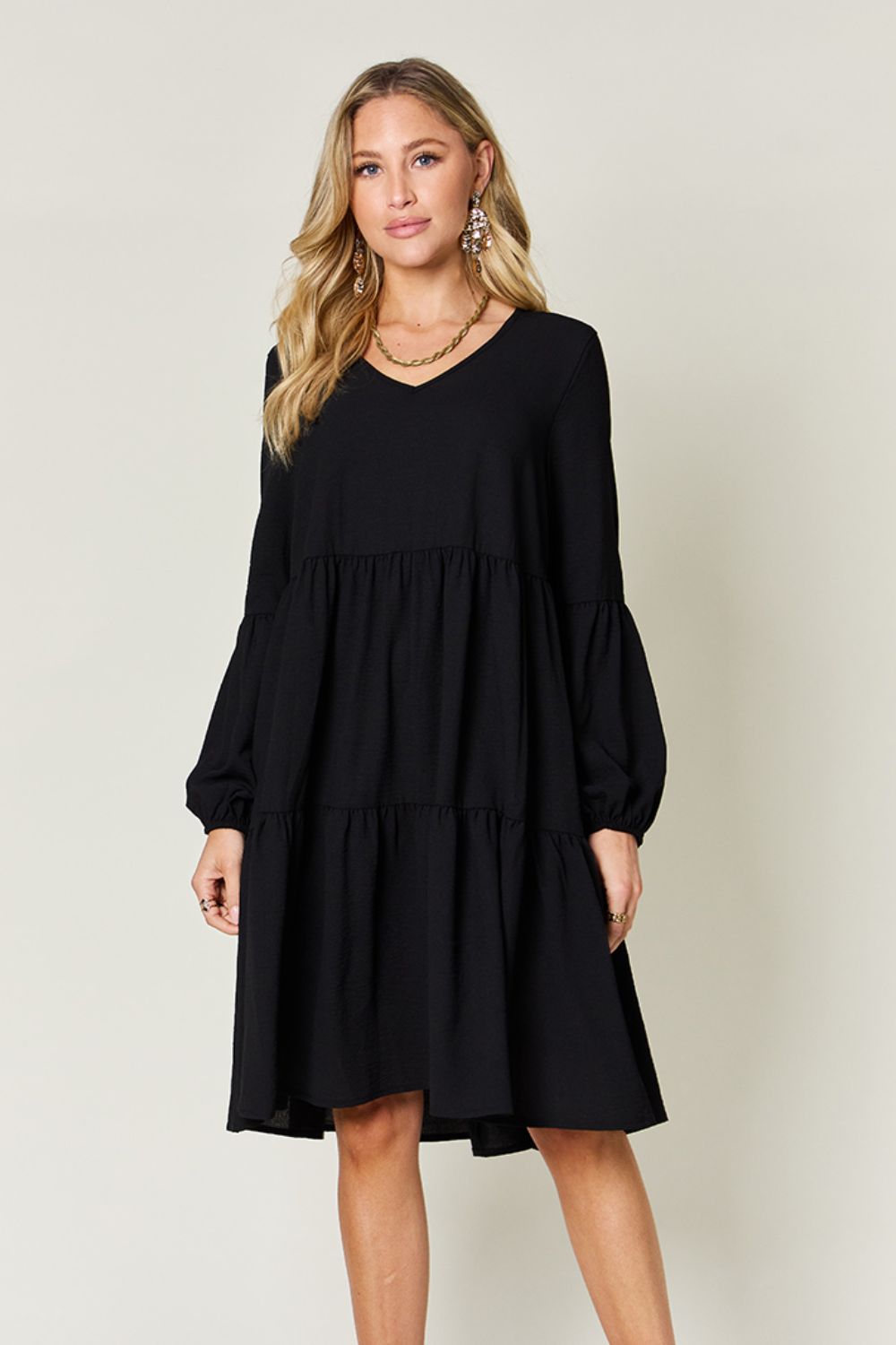 Double Take Full Size V-Neck Balloon Sleeve Tiered Dress Dresses Trendsi Black S 