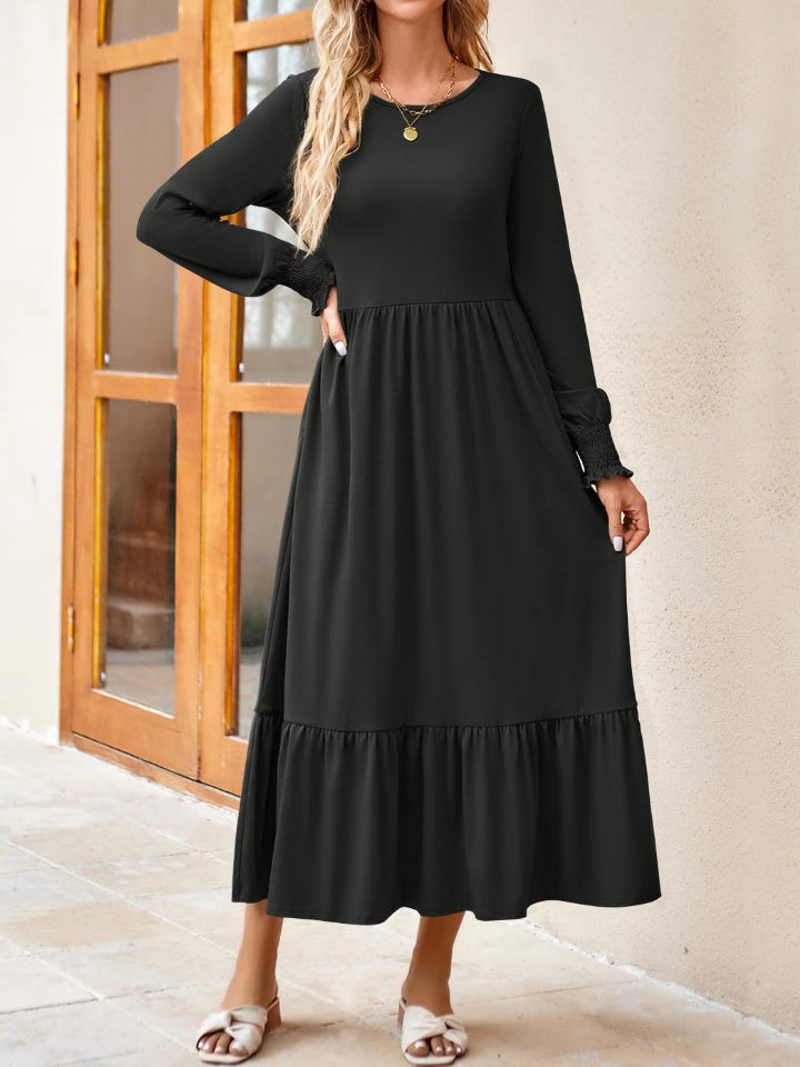 Round Neck Lantern Sleeve Ruffle Hem Dress Dress Trendsi Black S 