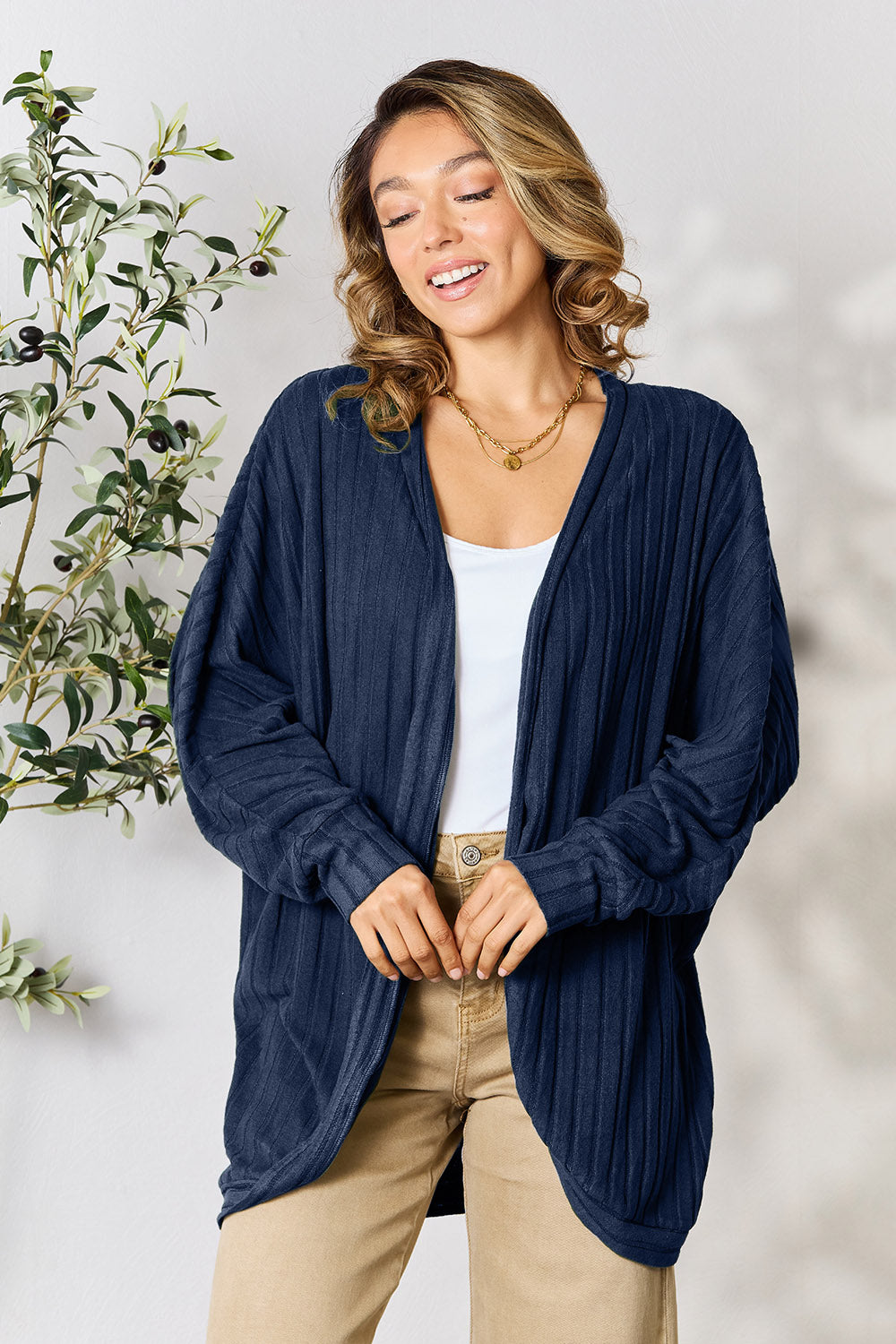 Basic Bae Full Size Ribbed Cocoon Cardigan Tops Trendsi Navy S 