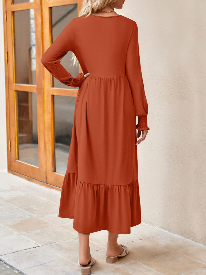 Round Neck Lantern Sleeve Ruffle Hem Dress Dress Trendsi   