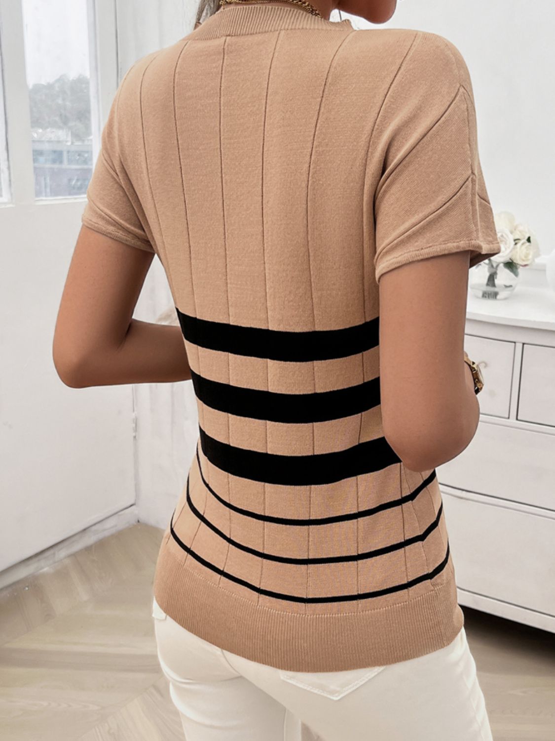 Devine Striped Round Neck Short Sleeve Knit Top