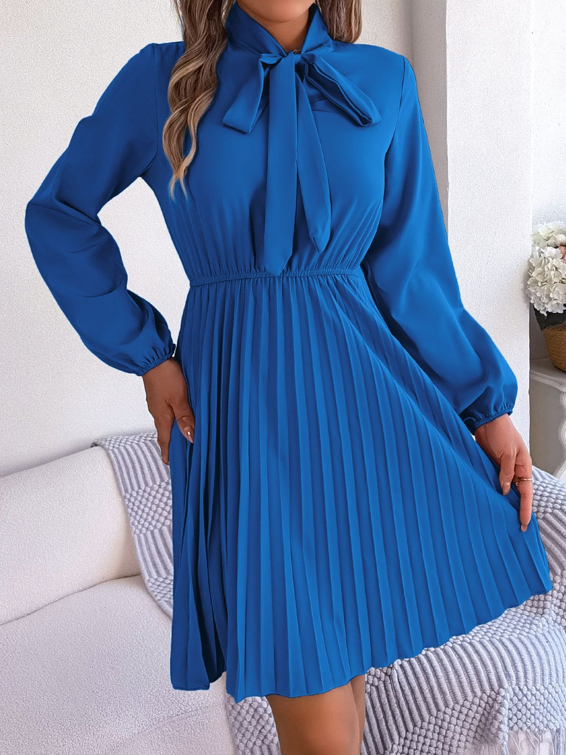 Tie Neck Balloon Sleeve Pleated Dress Dress Trendsi Dark Blue S 