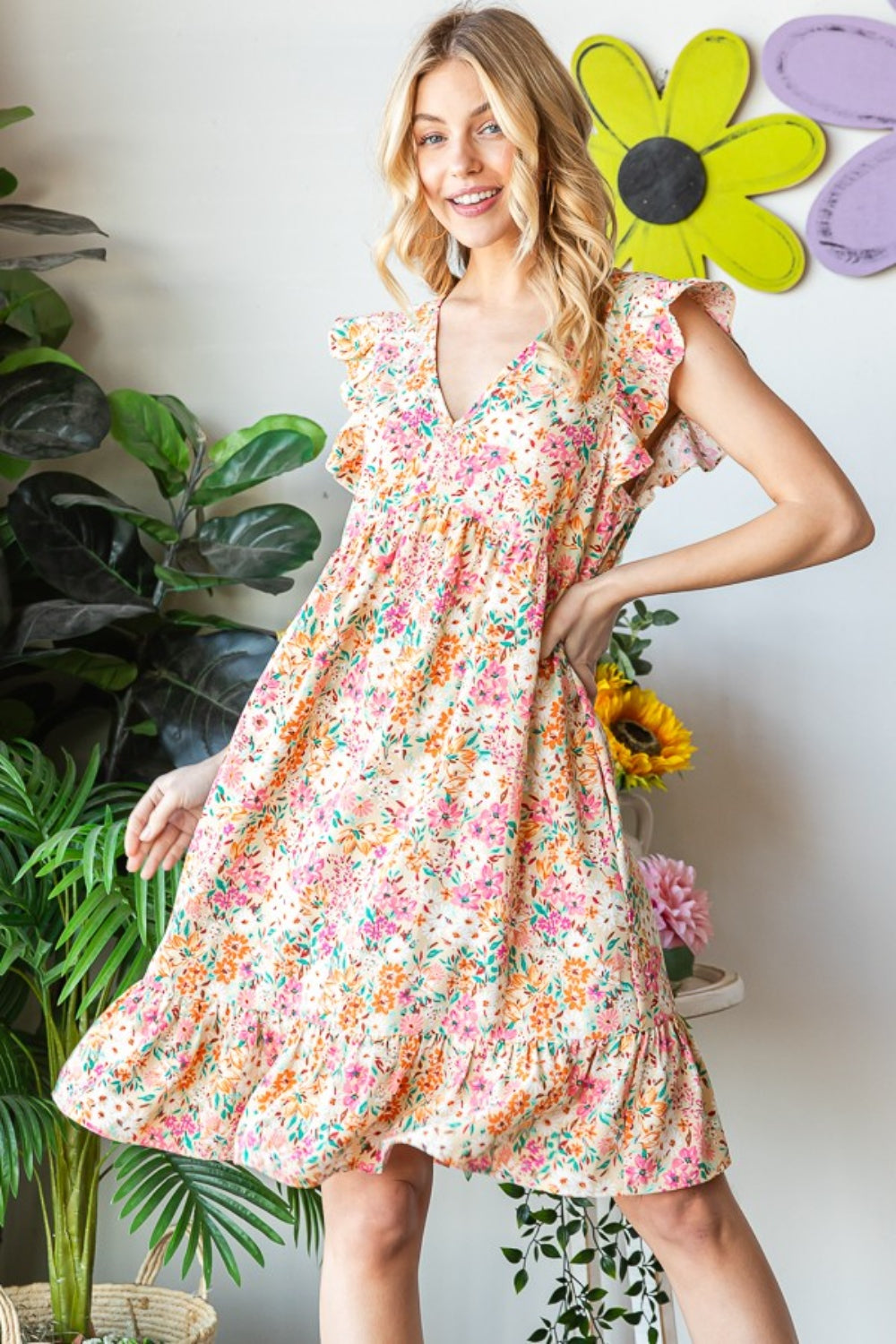 Heimish Full Size Floral Ruffled V-Neck Dress Dress Trendsi Sand S 