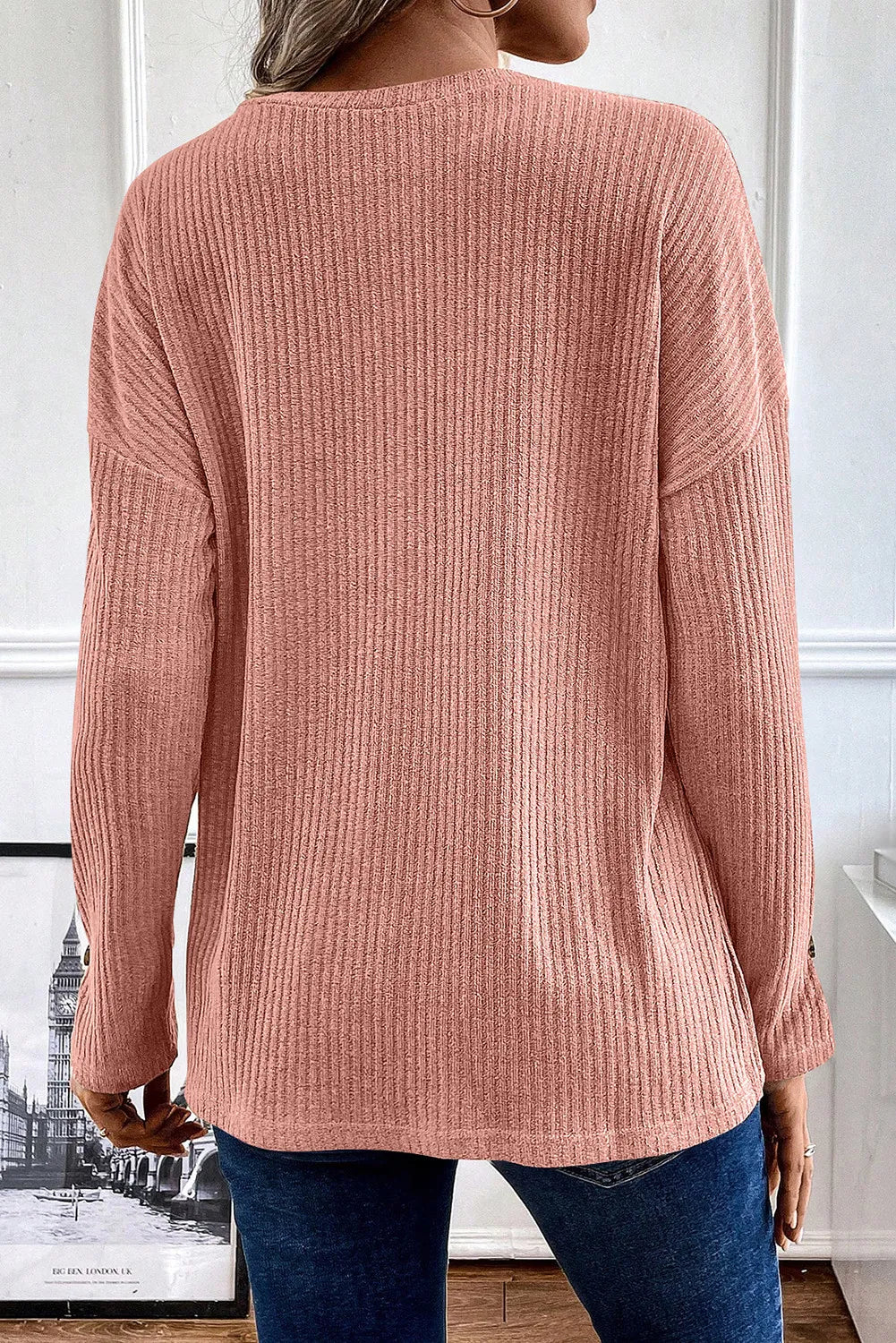 Ribbed Half Button Long Sleeve Knit Top