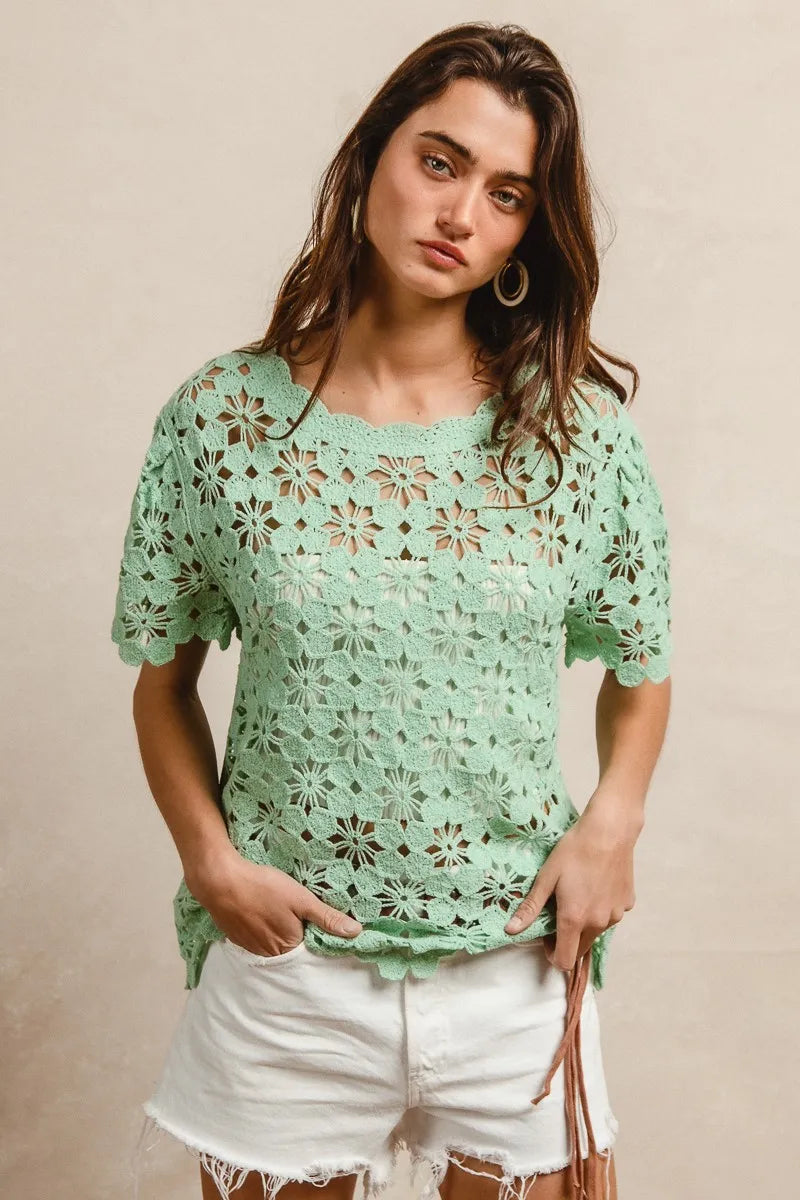 【COSYHARU】Peanut Openwork Short Sleeve Knit BiBi Openwork Crochet Short Sleeve Knit Top