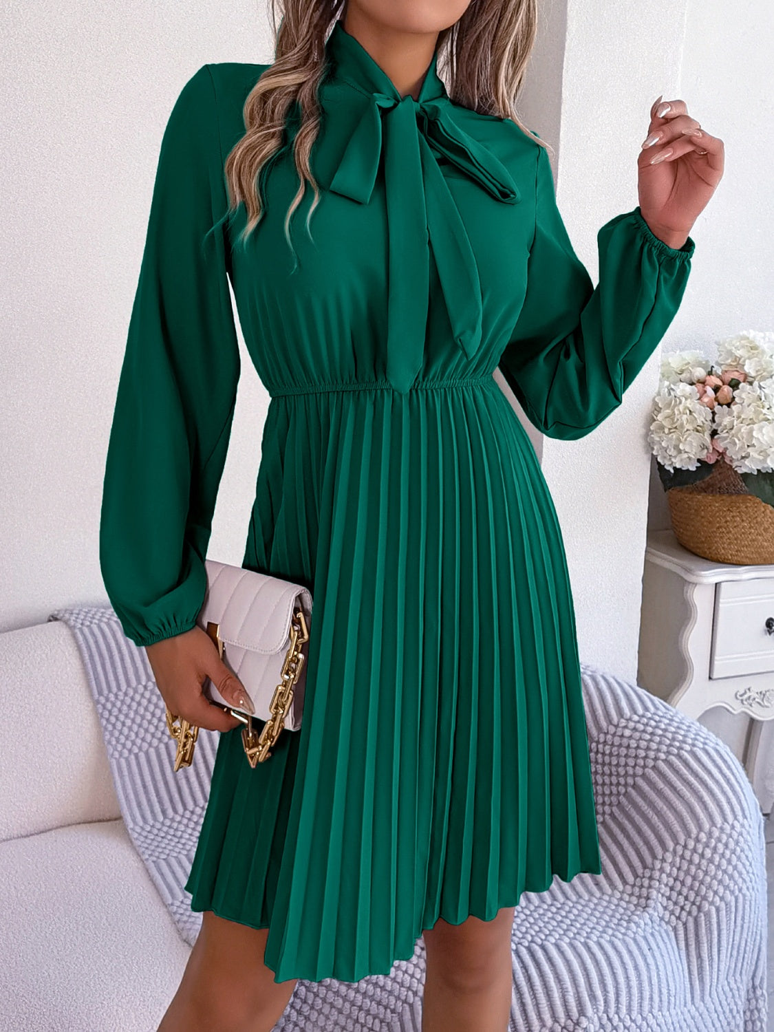 Tie Neck Balloon Sleeve Pleated Dress Dress Trendsi Dark Green S 