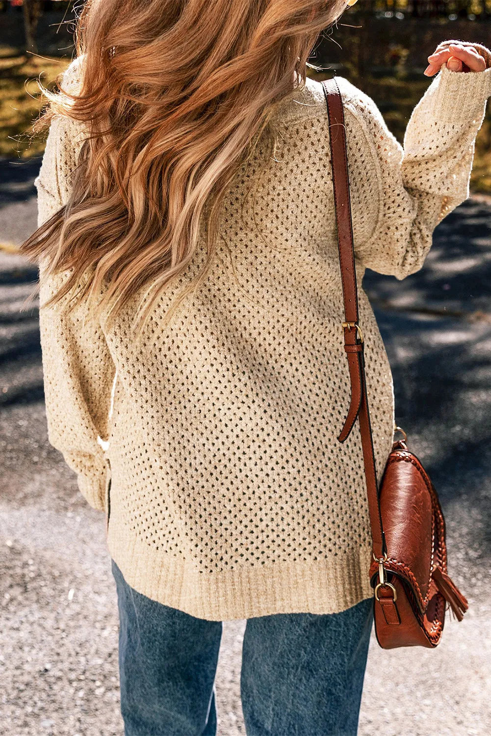 Openwork V-Neck Dropped Shoulder Sweater