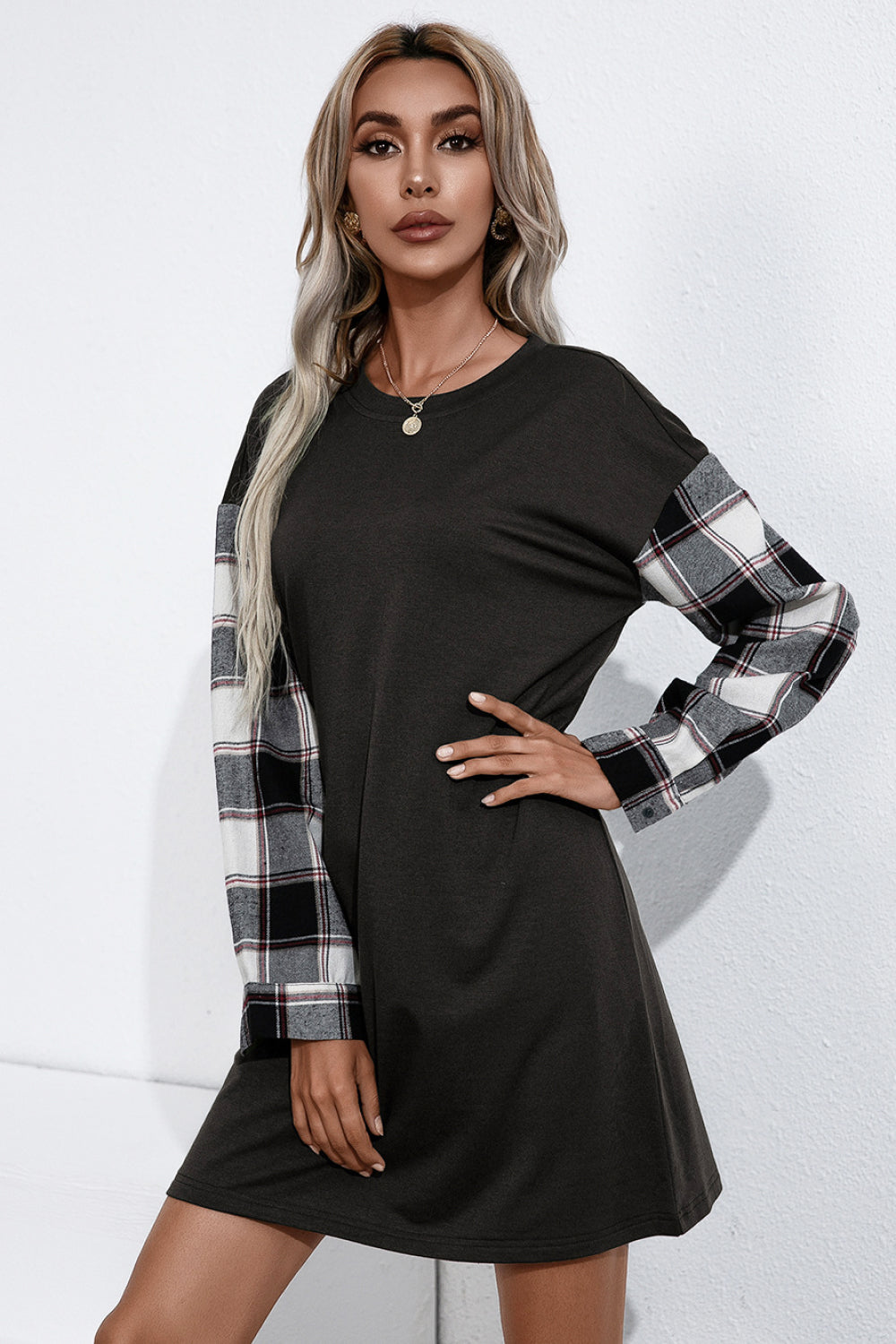 Ivy Lane Plaid Sleeve Contrast T-Shirt Dress