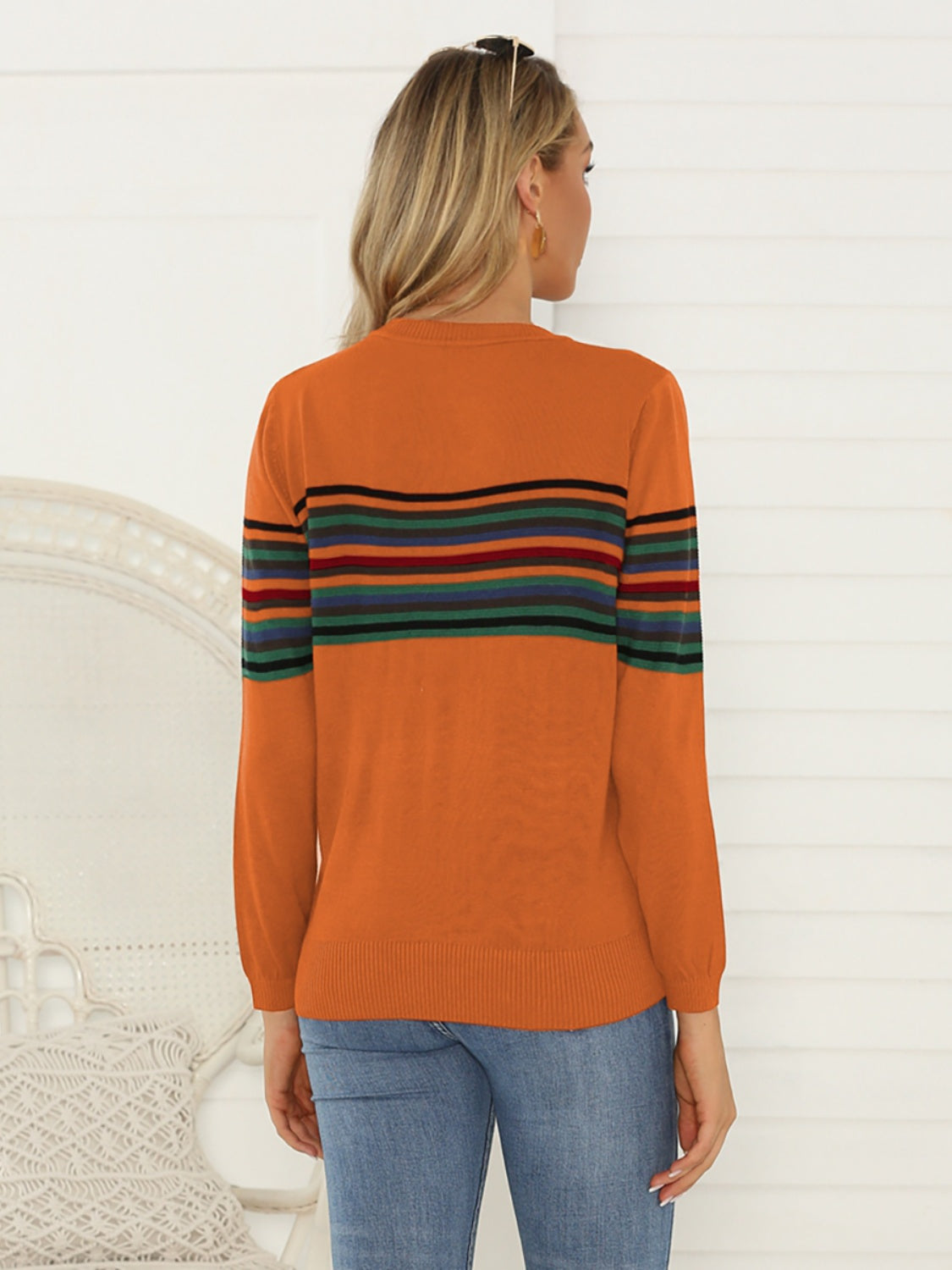 Shiny Striped Round Neck Long Sleeve Sweater