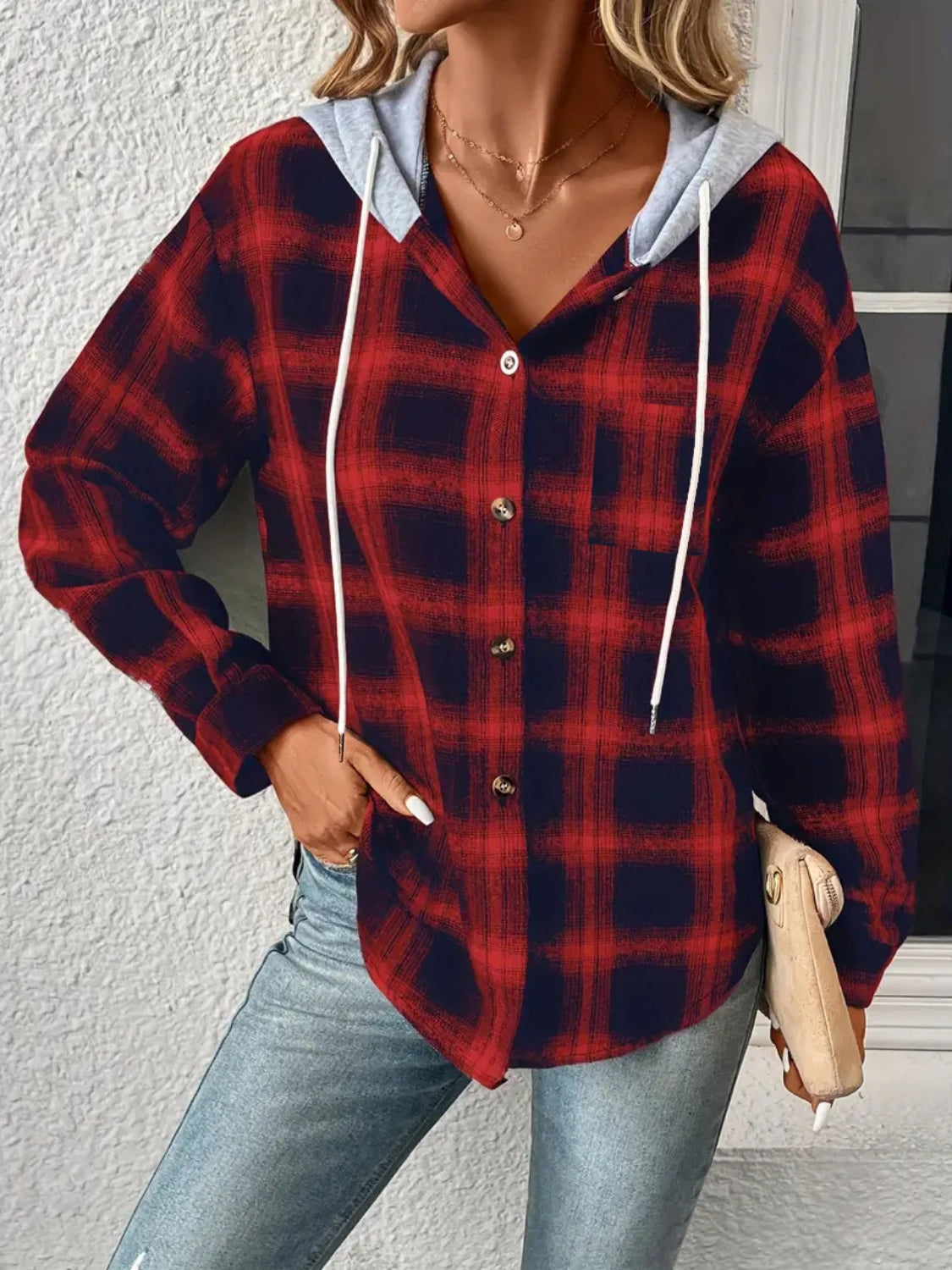 Plaid Drawstring Button Up Hooded Jacket