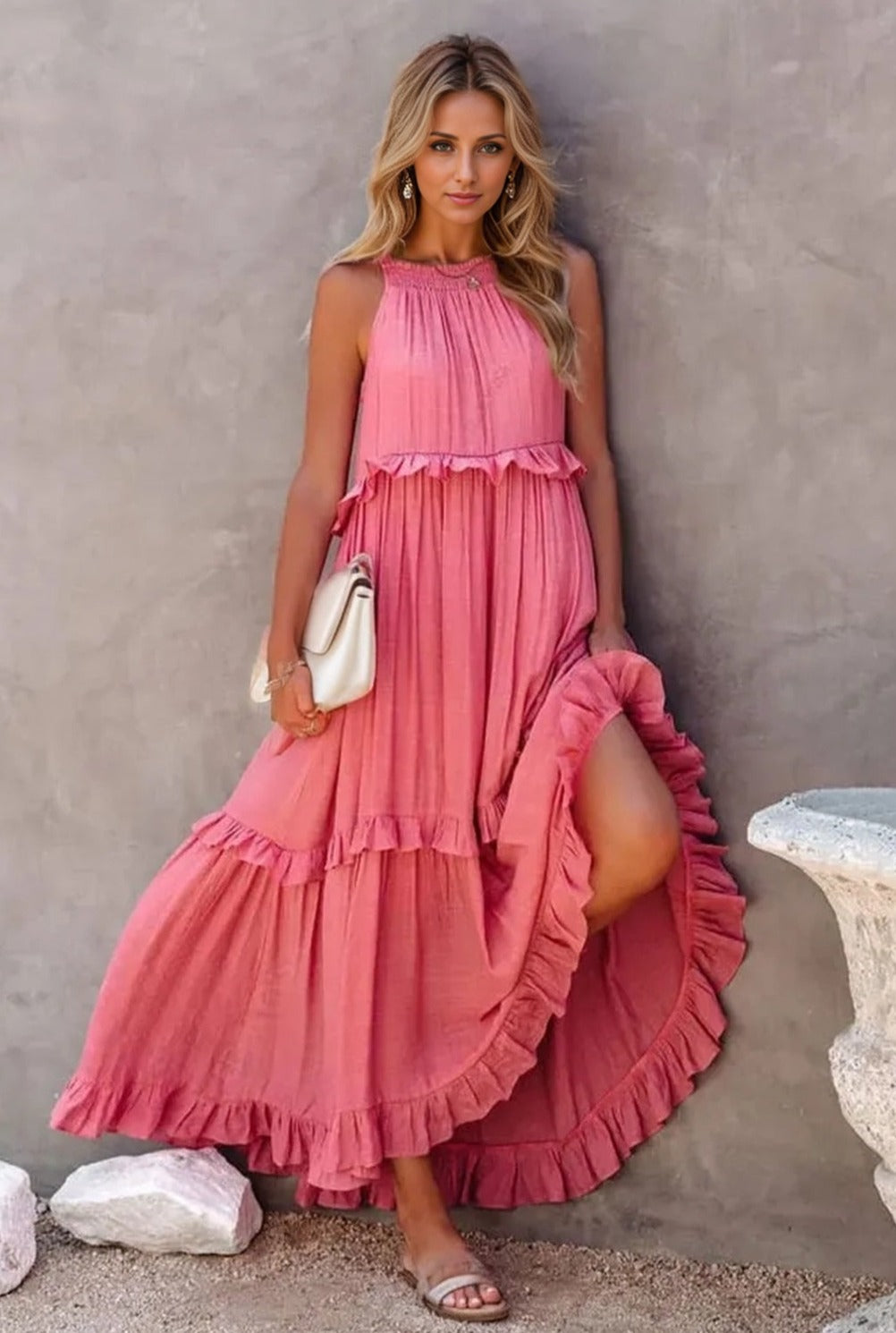 Ruffled Sleeveless Tiered Maxi Dress with Pockets Dress Trendsi Burnt Coral S 