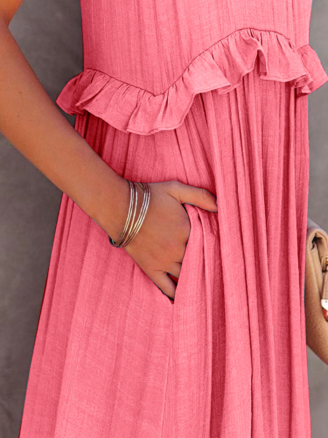 Ruffled Sleeveless Tiered Maxi Dress with Pockets Dress Trendsi   