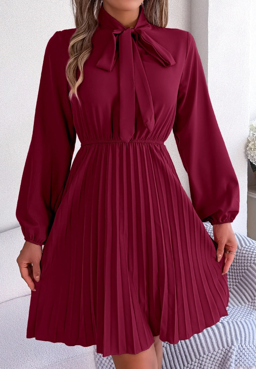 Tie Neck Balloon Sleeve Pleated Dress