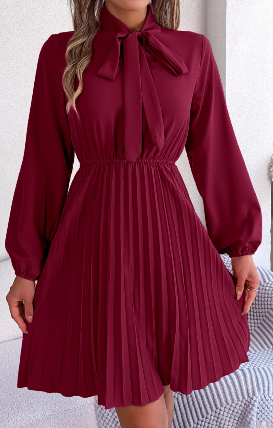 Tie Neck Balloon Sleeve Pleated Dress Dress Trendsi   