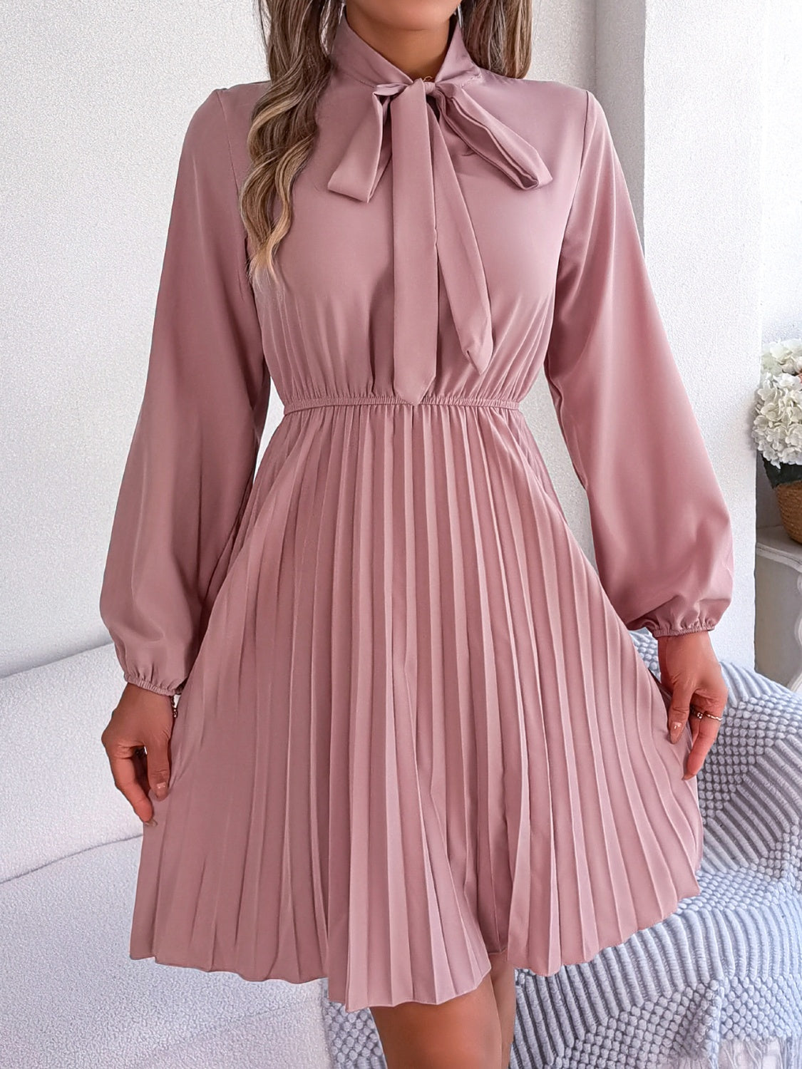 Tie Neck Balloon Sleeve Pleated Dress Dress Trendsi   