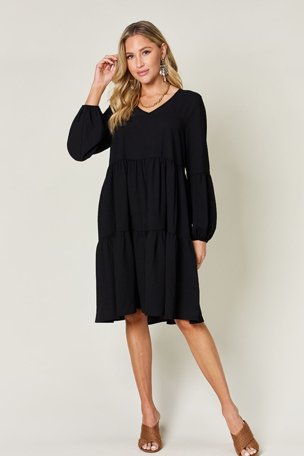 Double Take Full Size V-Neck Balloon Sleeve Tiered Dress Dresses Trendsi   