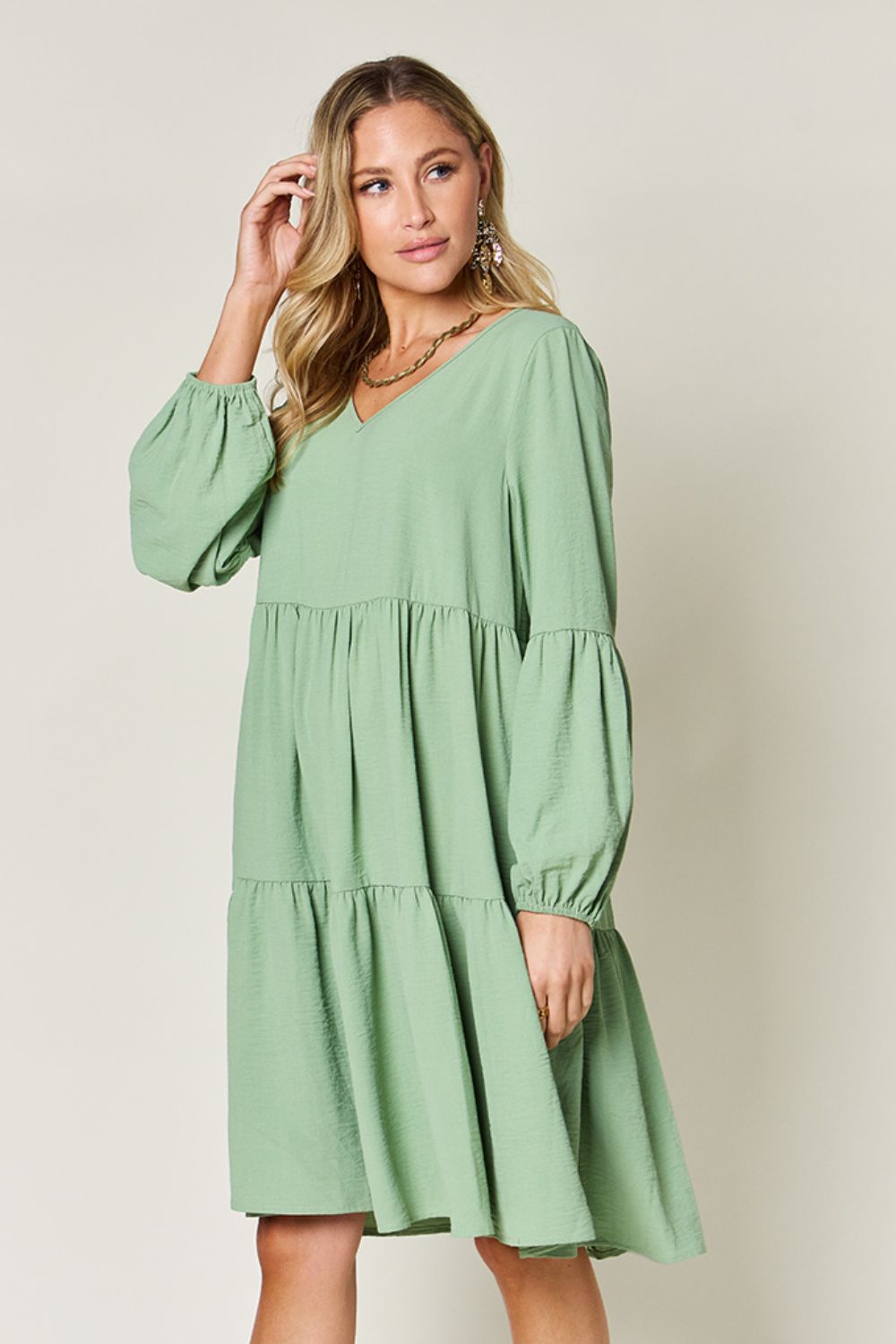 Double Take Full Size V-Neck Balloon Sleeve Tiered Dress Dresses Trendsi   