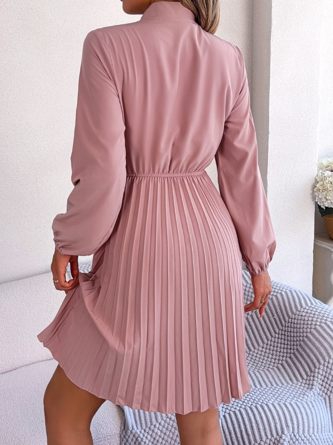 Tie Neck Balloon Sleeve Pleated Dress Dress Trendsi   