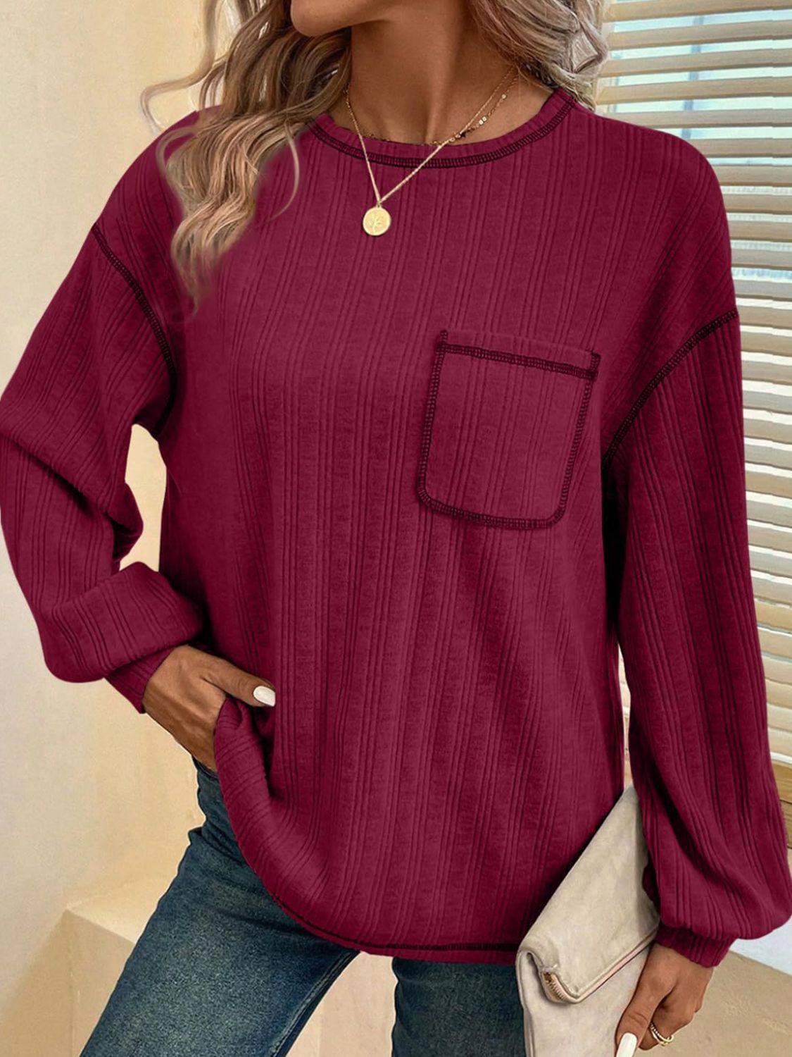 Mandy Contrast Stitching Round Neck Long Sleeve T-Shirt