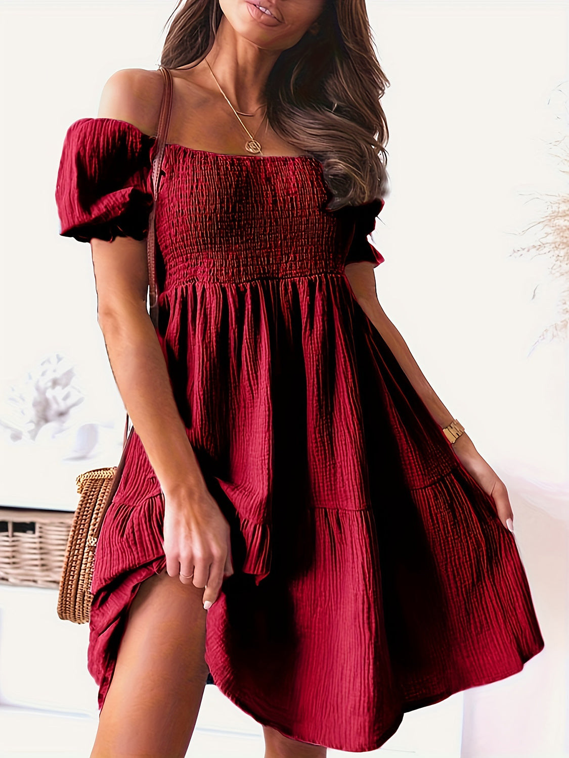 Full Size Ruffled Off-Shoulder Short Sleeve Dress Dresses Trendsi Wine S 