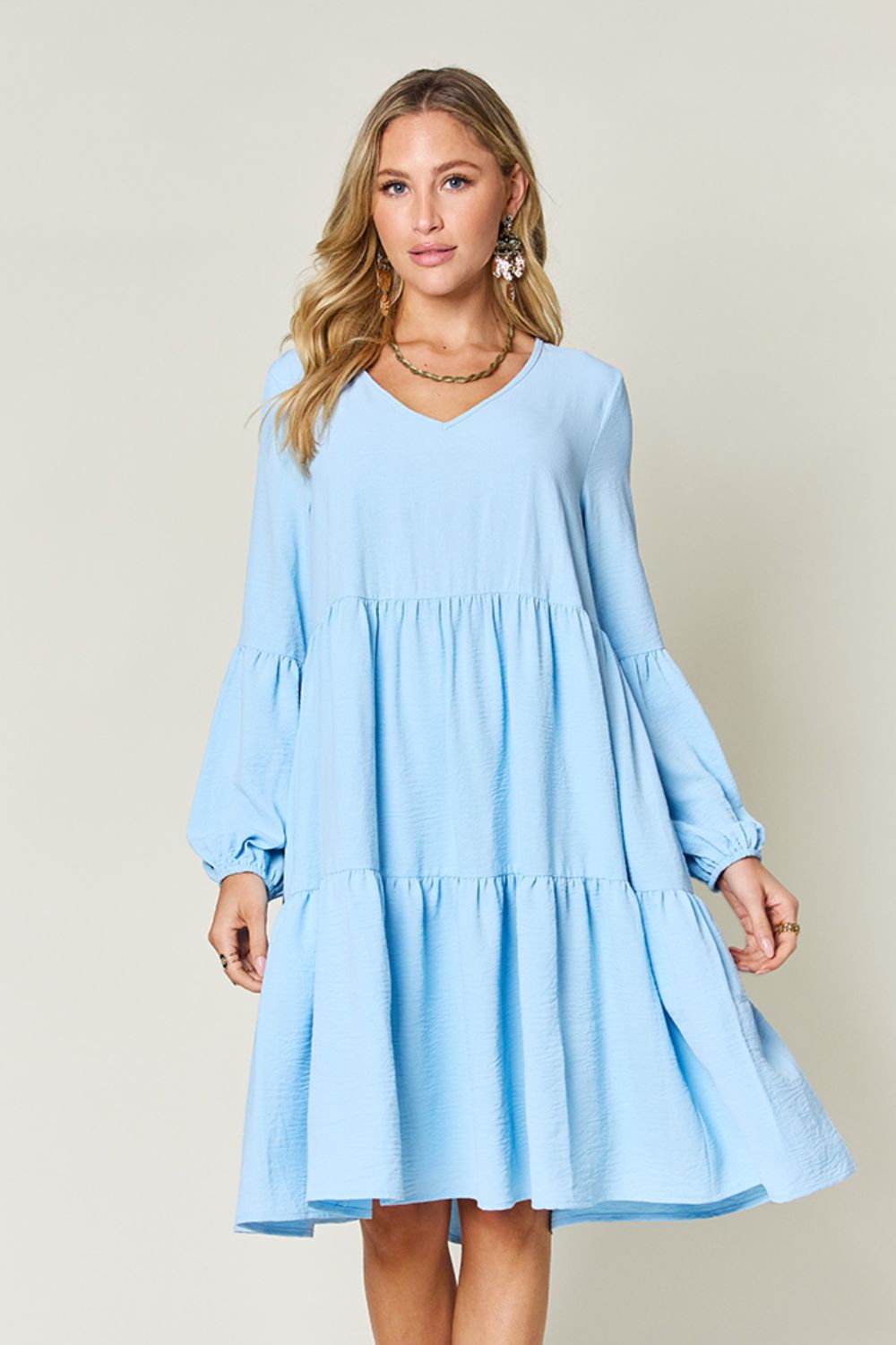 Double Take Full Size V-Neck Balloon Sleeve Tiered Dress Dresses Trendsi Pastel  Blue S 