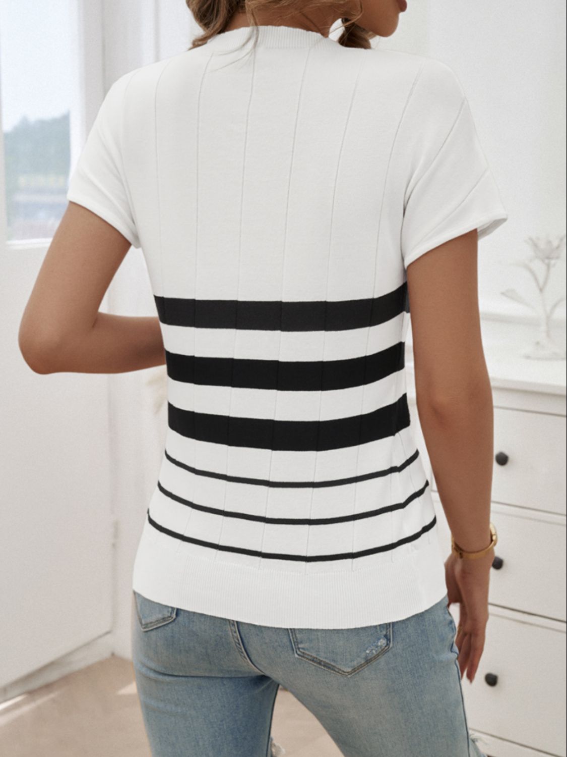 Devine Striped Round Neck Short Sleeve Knit Top