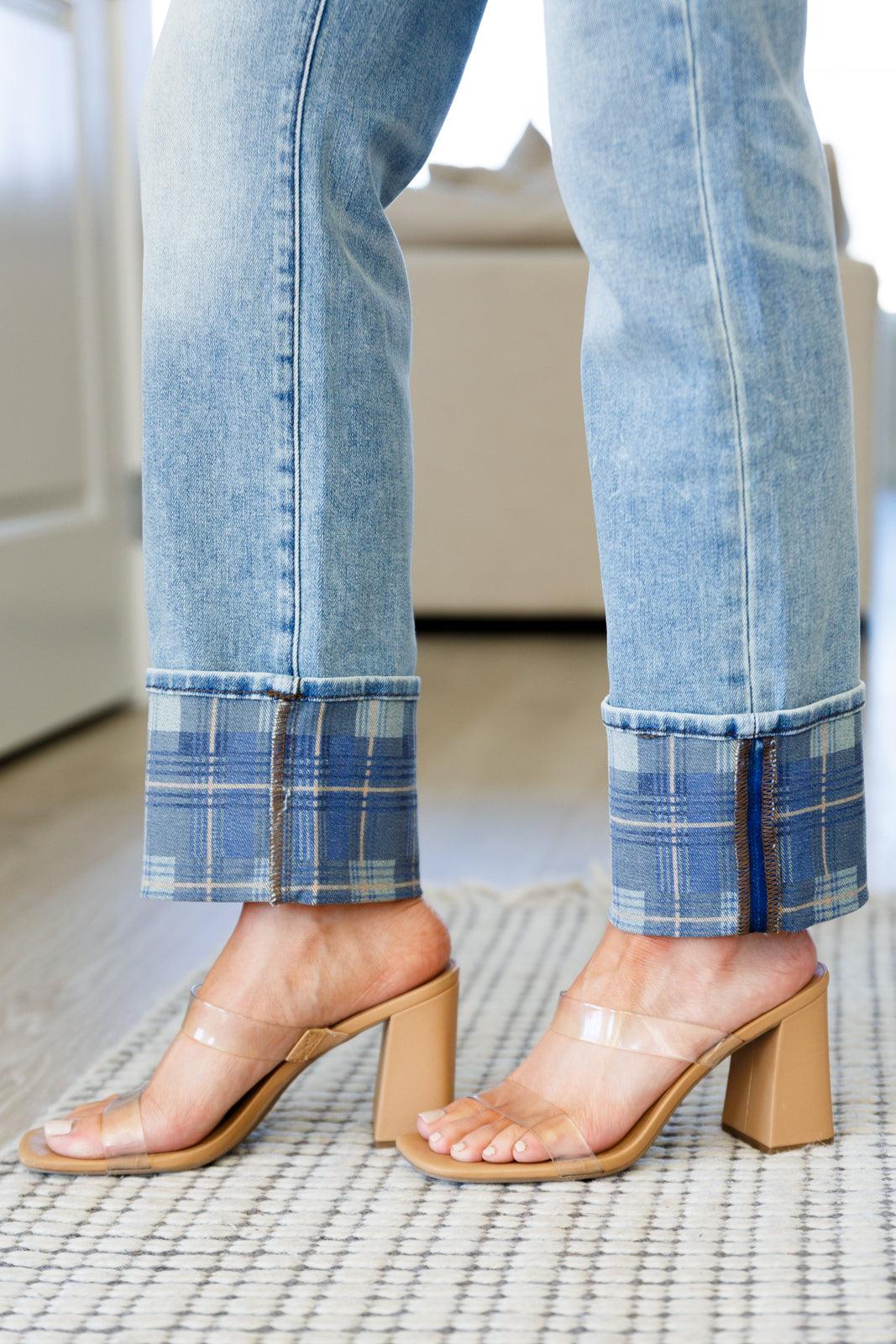Miranda High Rise Plaid Cuff Vintage Straight Jeans - Judy Blue Womens Ave Shops   