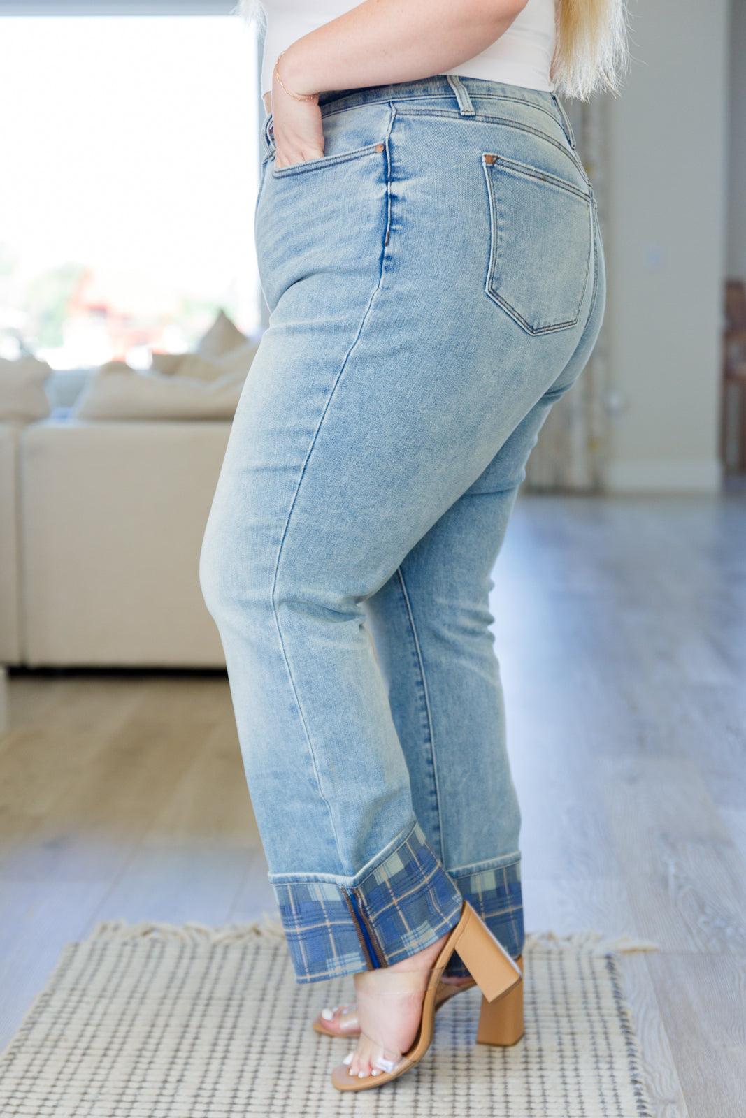 Miranda High Rise Plaid Cuff Vintage Straight Jeans - Judy Blue Womens Ave Shops   