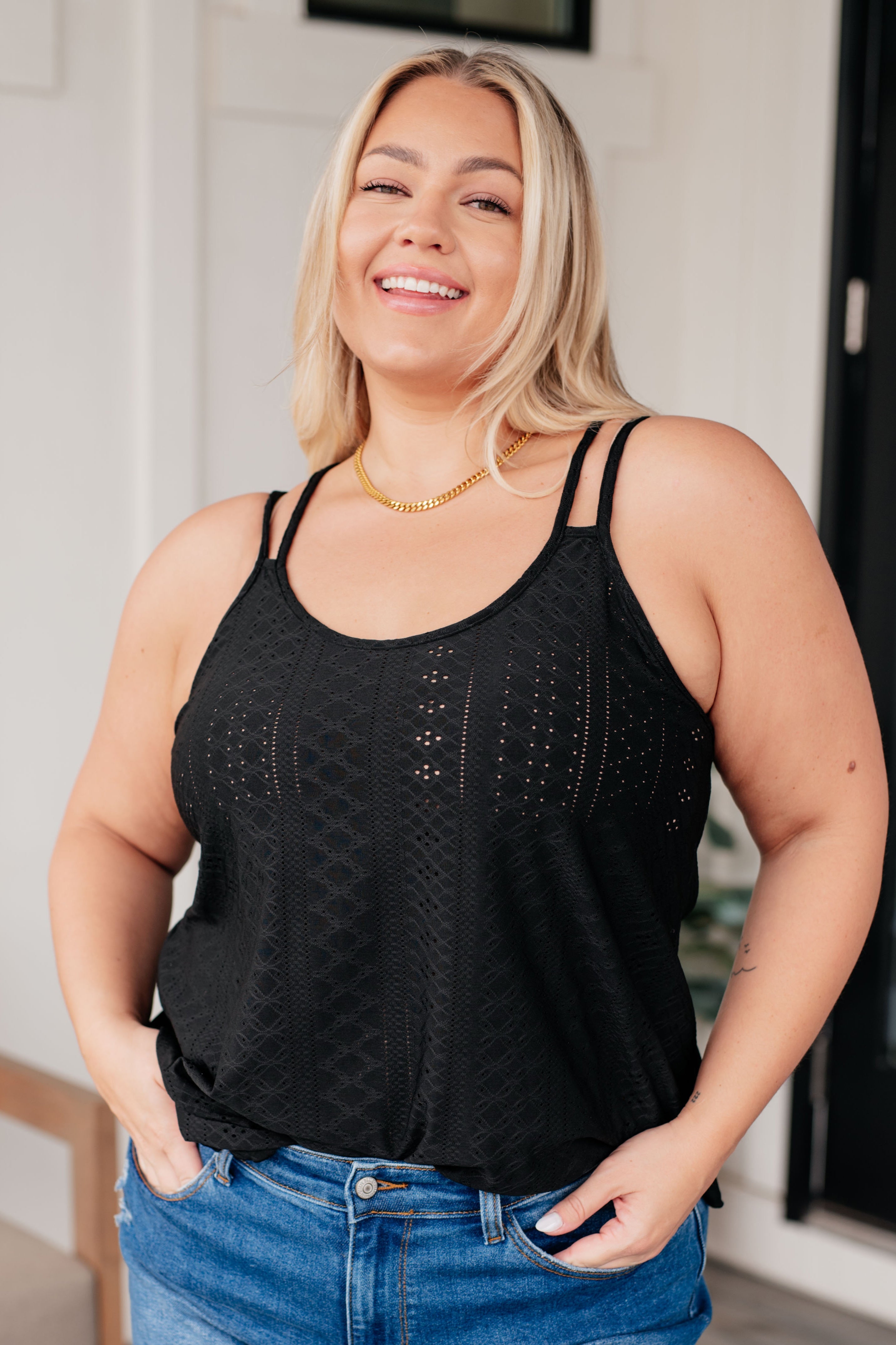 Eye on the Prize Eyelet Tank in Black Tops Ave Shops   