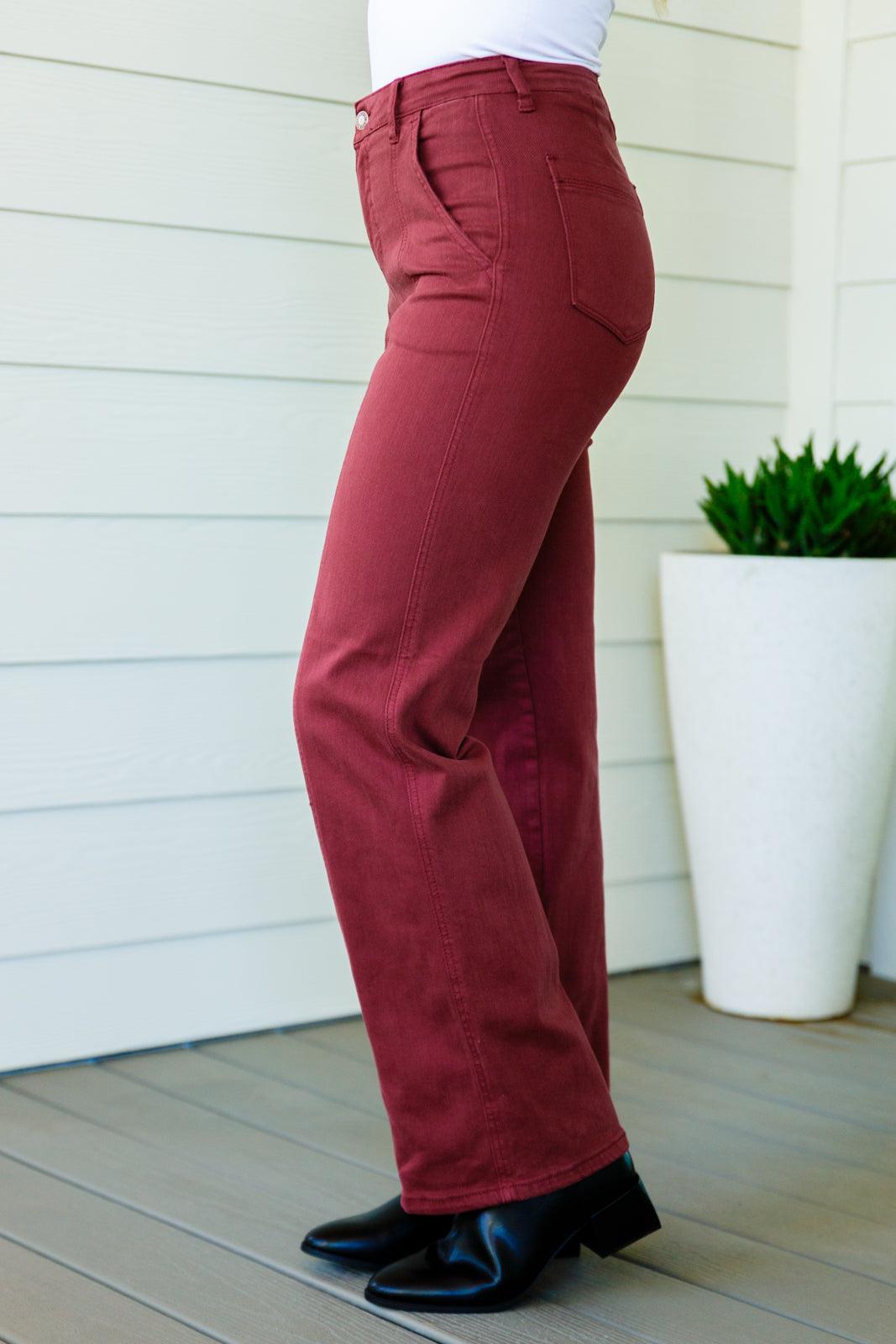 Phoebe High Rise Front Seam Straight Jeans in Burgundy - Judy Blue Womens Ave Shops   